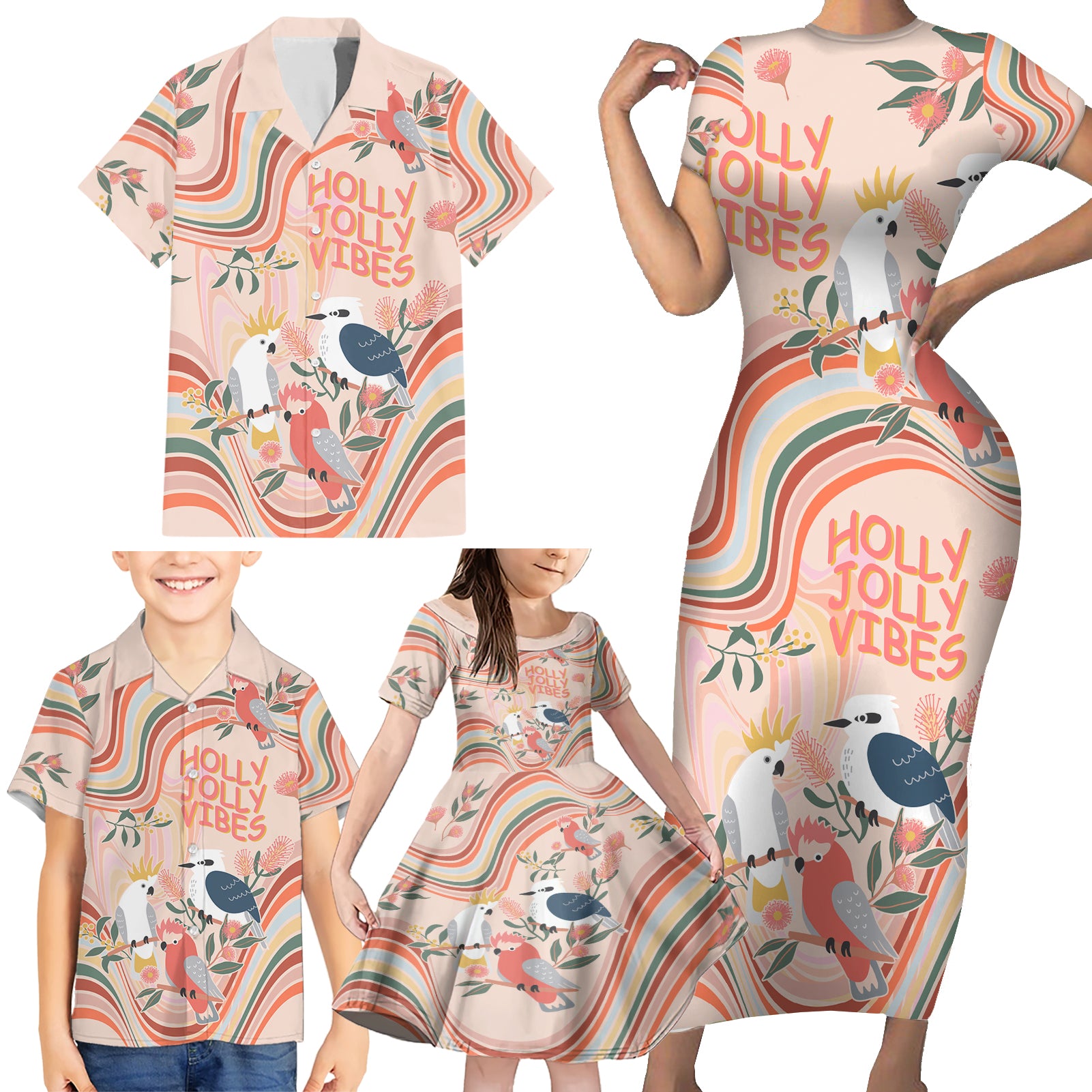 australia-hippie-christmas-family-matching-short-sleeve-bodycon-dress-and-hawaiian-shirt-cockatoo-kookaburra-with-wattle-pink-peach-style