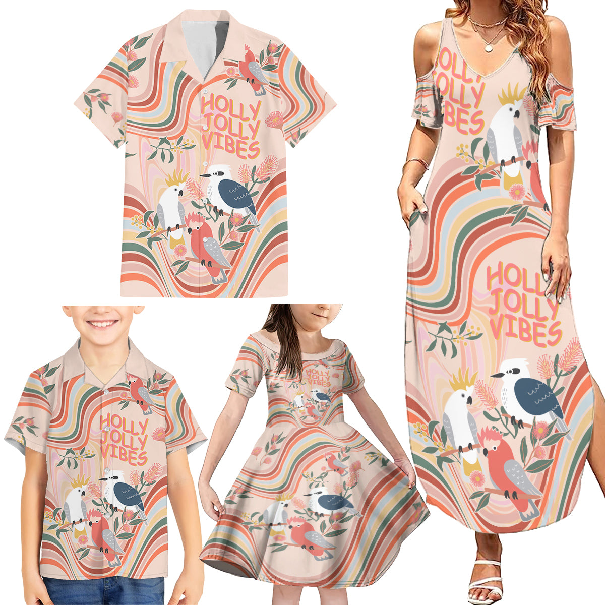 australia-hippie-christmas-family-matching-summer-maxi-dress-and-hawaiian-shirt-cockatoo-kookaburra-with-wattle-pink-peach-style