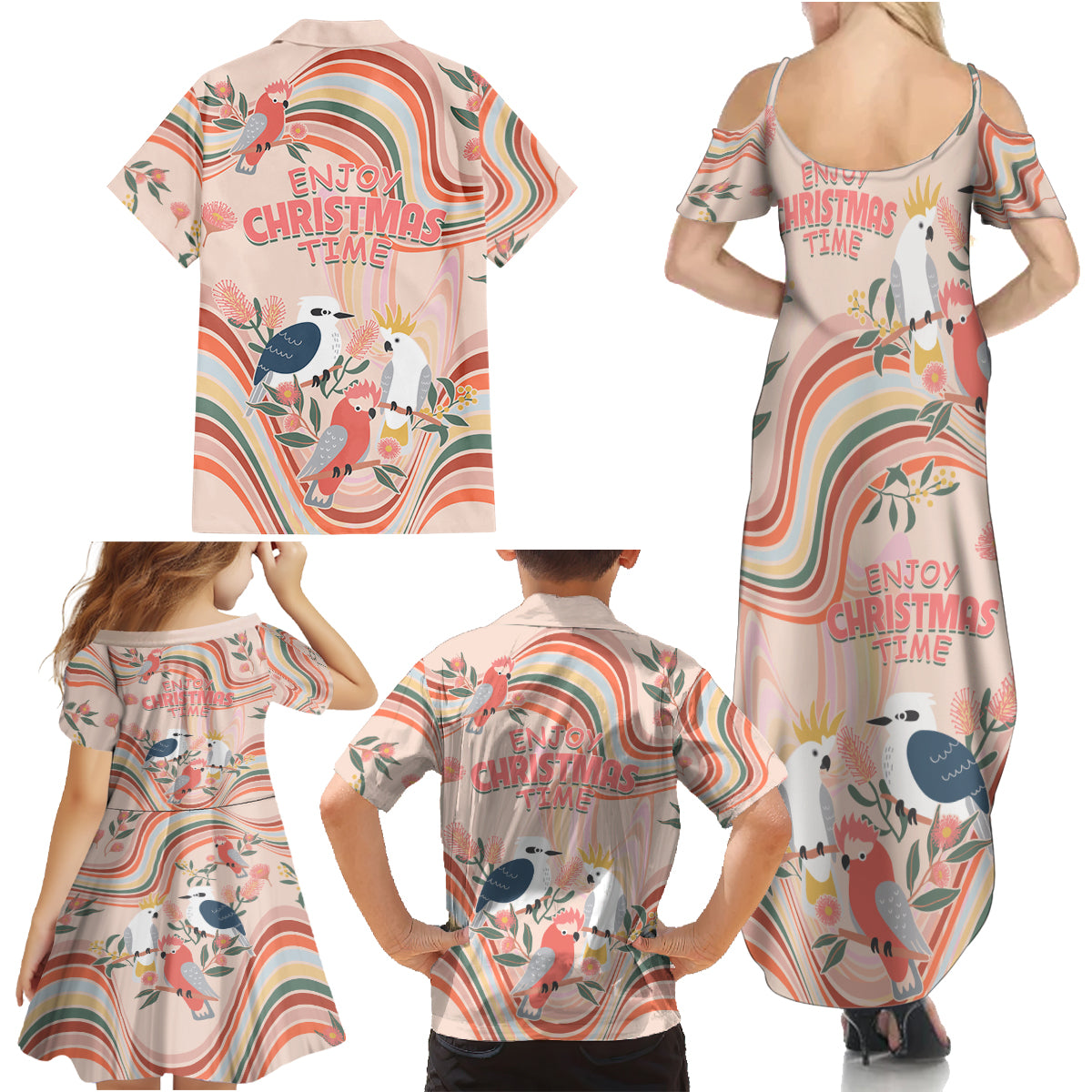 australia-hippie-christmas-family-matching-summer-maxi-dress-and-hawaiian-shirt-cockatoo-kookaburra-with-wattle-pink-peach-style