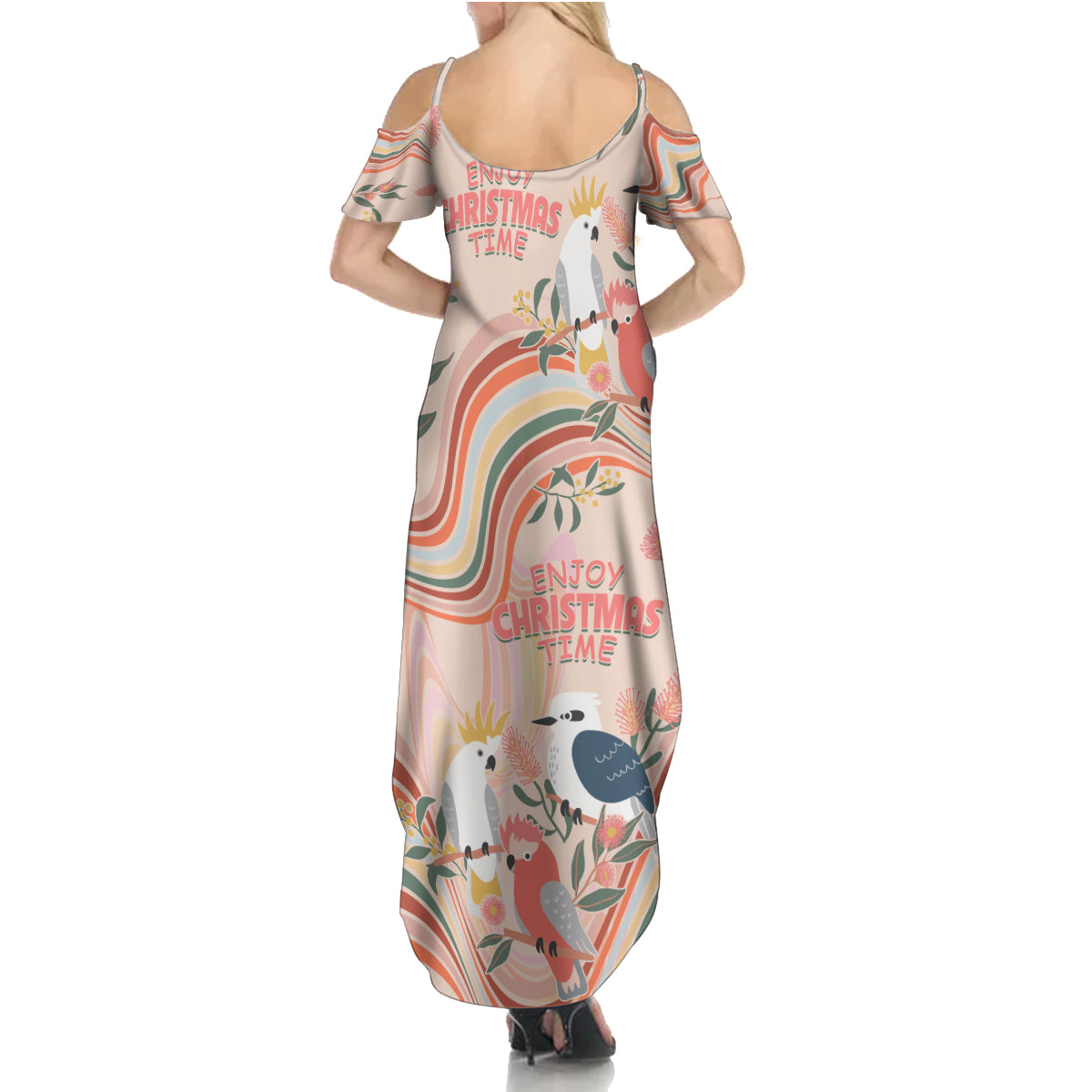 australia-hippie-christmas-family-matching-summer-maxi-dress-and-hawaiian-shirt-cockatoo-kookaburra-with-wattle-pink-peach-style