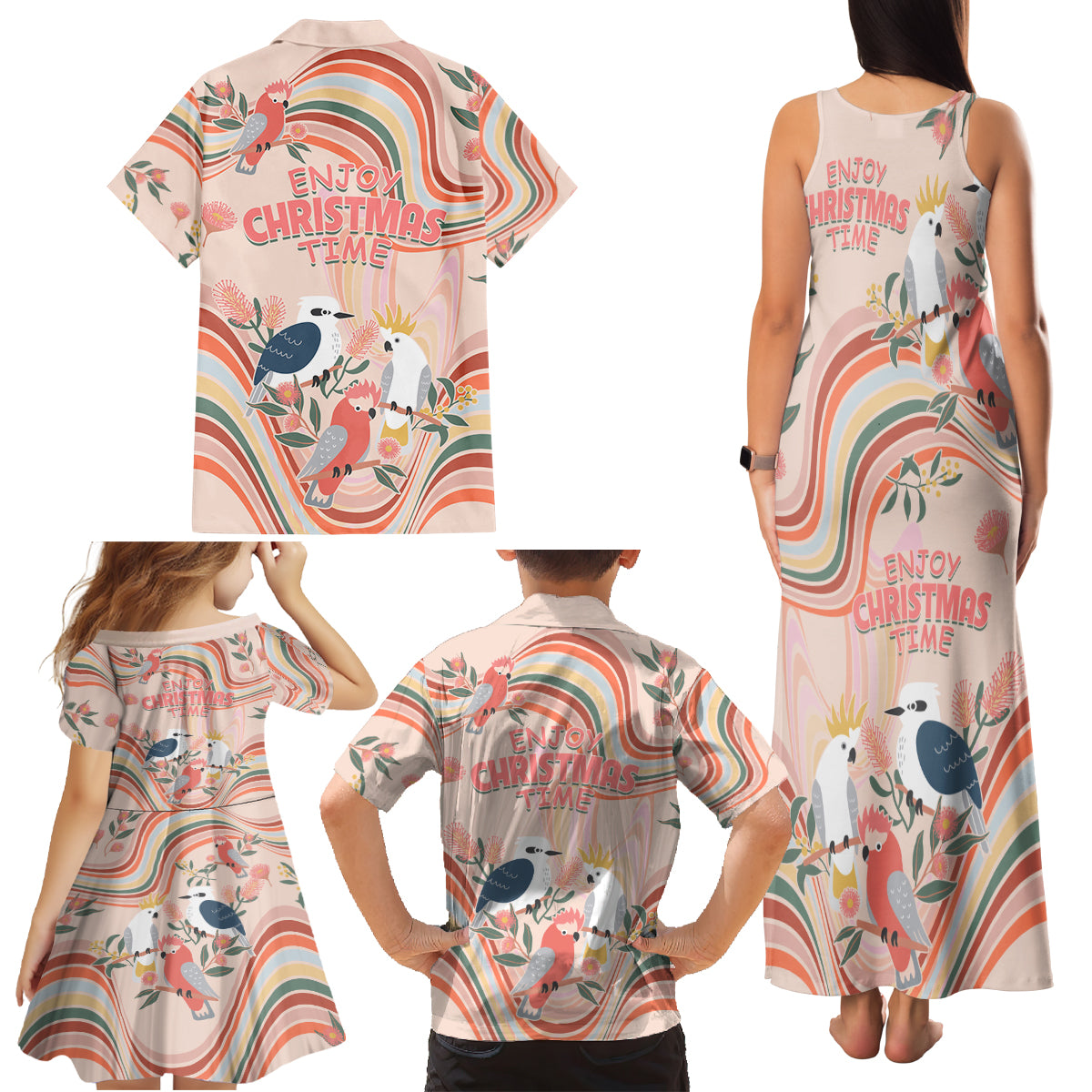 australia-hippie-christmas-family-matching-tank-maxi-dress-and-hawaiian-shirt-cockatoo-kookaburra-with-wattle-pink-peach-style