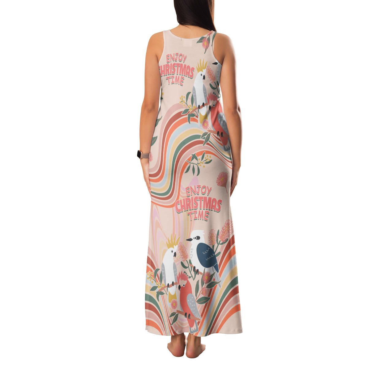 australia-hippie-christmas-family-matching-tank-maxi-dress-and-hawaiian-shirt-cockatoo-kookaburra-with-wattle-pink-peach-style