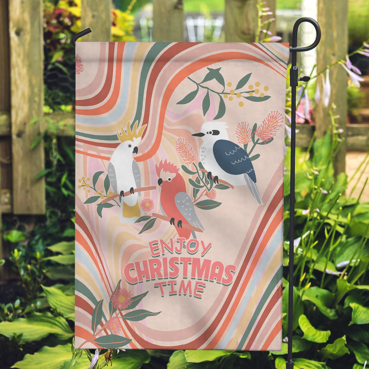 Australia Hippie Christmas Garden Flag Cockatoo Kookaburra with Wattle Pink Peach Style - Vibe Hoodie Shop