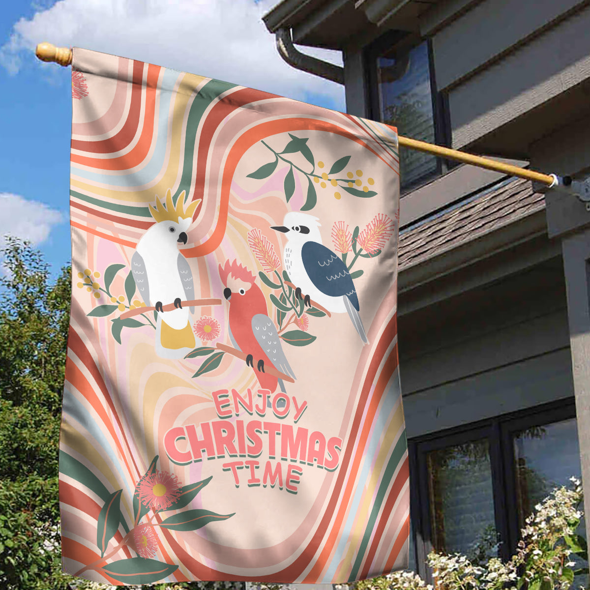 Australia Hippie Christmas Garden Flag Cockatoo Kookaburra with Wattle Pink Peach Style - Vibe Hoodie Shop