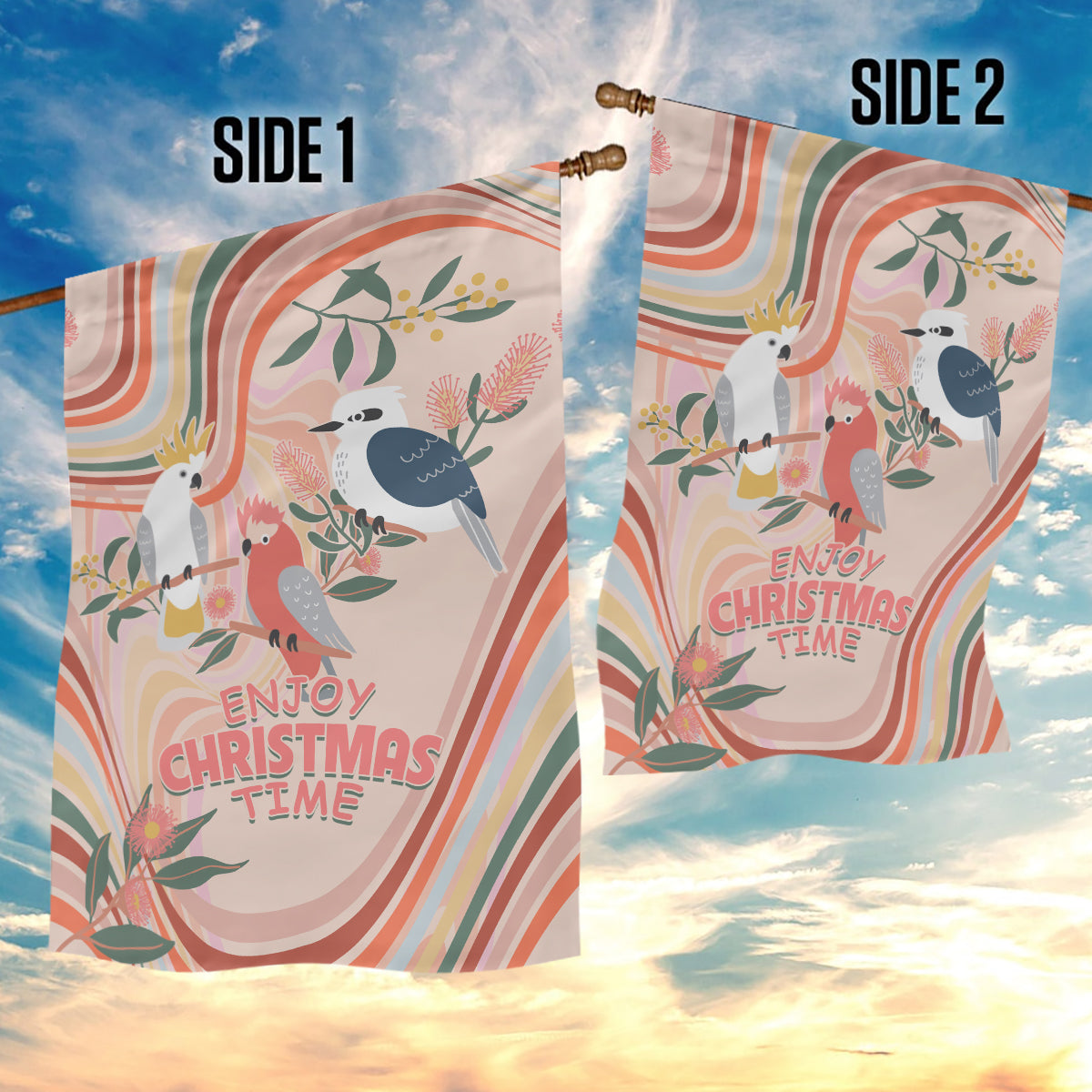 Australia Hippie Christmas Garden Flag Cockatoo Kookaburra with Wattle Pink Peach Style - Vibe Hoodie Shop