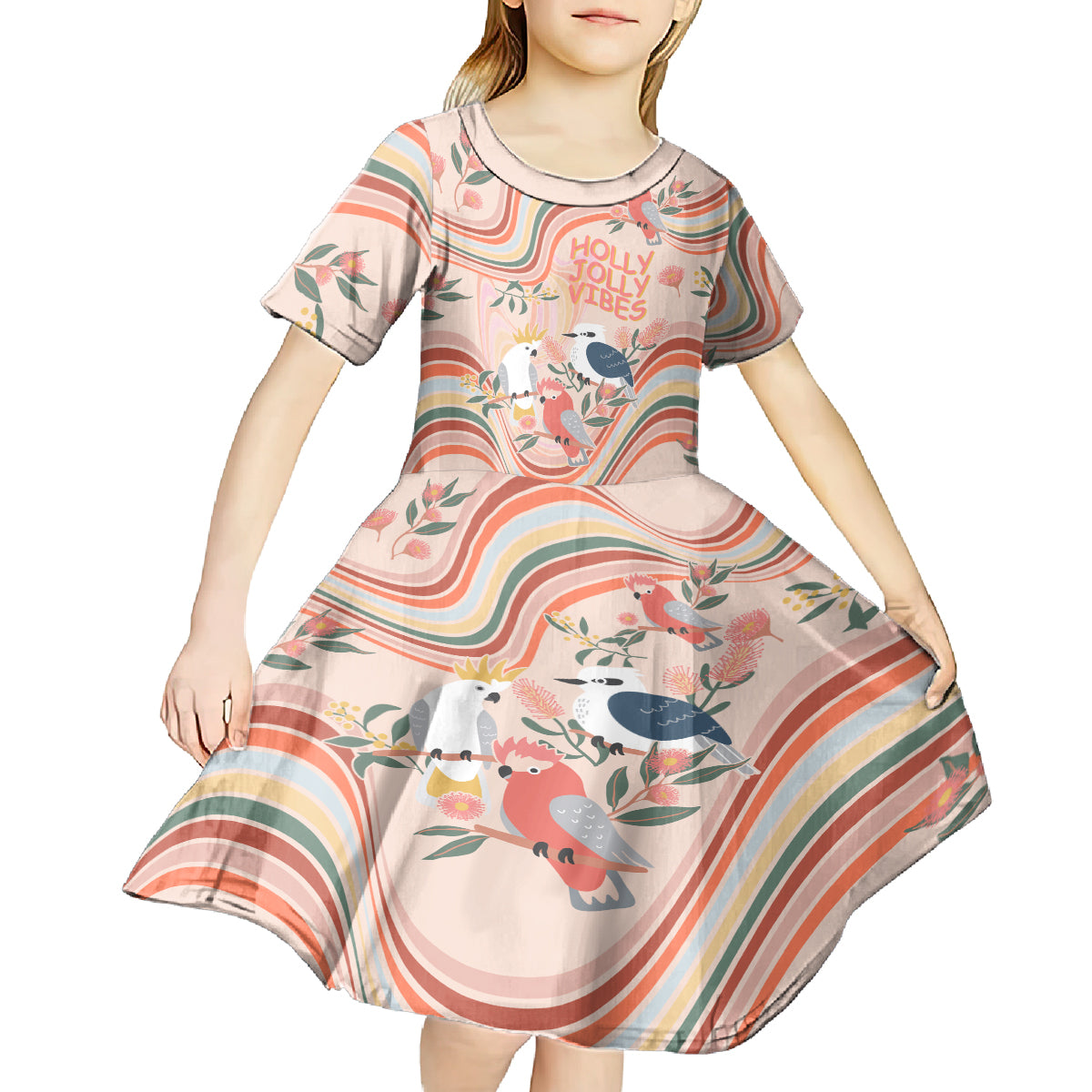 Australia Hippie Christmas Kid Short Sleeve Dress Cockatoo Kookaburra with Wattle Pink Peach Style - Vibe Hoodie Shop