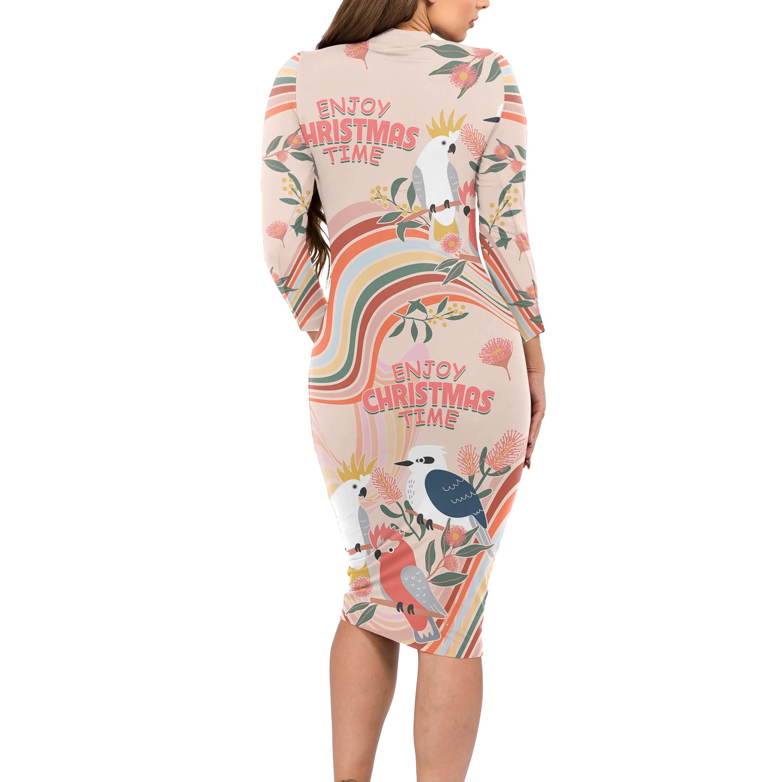 australia-hippie-christmas-long-sleeve-bodycon-dress-cockatoo-kookaburra-with-wattle-pink-peach-style