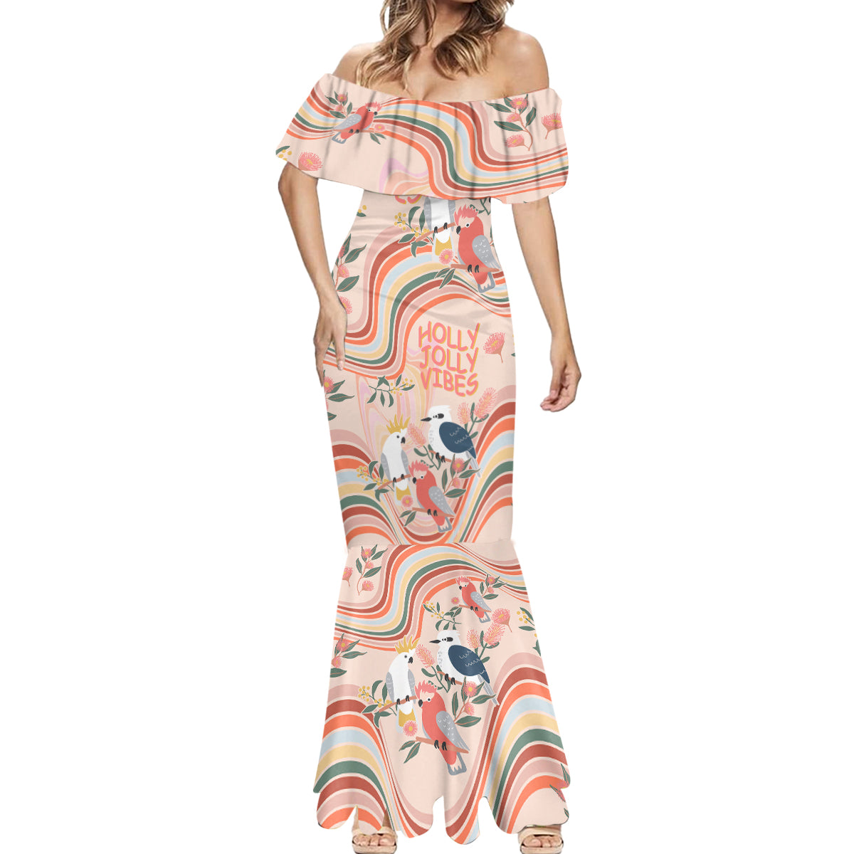 australia-hippie-christmas-mermaid-dress-cockatoo-kookaburra-with-wattle-pink-peach-style