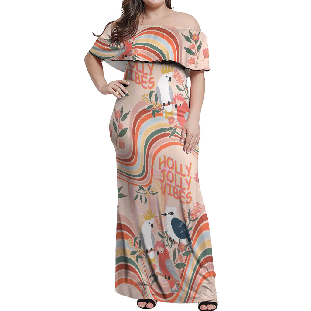 australia-hippie-christmas-off-shoulder-maxi-dress-cockatoo-kookaburra-with-wattle-pink-peach-style