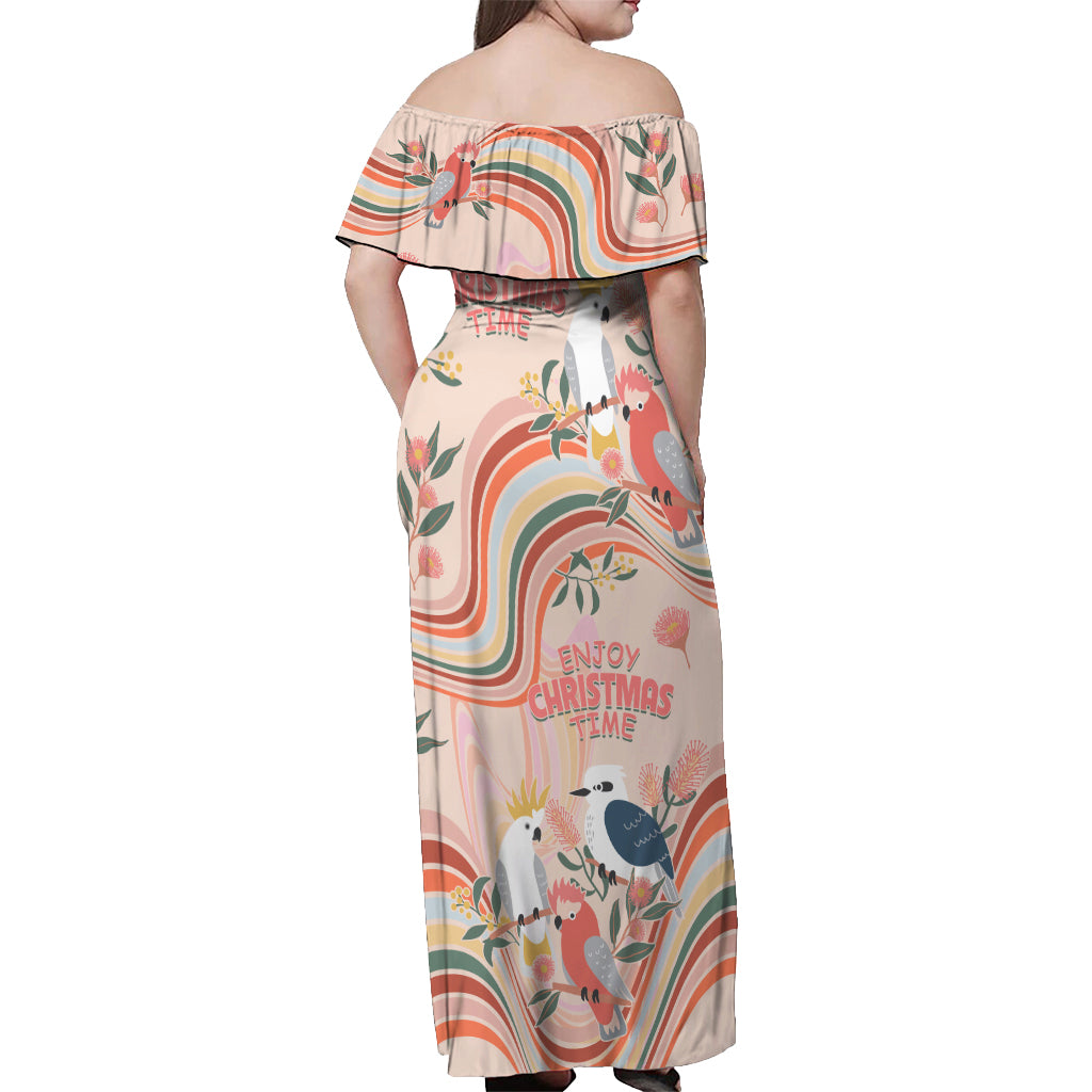 australia-hippie-christmas-off-shoulder-maxi-dress-cockatoo-kookaburra-with-wattle-pink-peach-style