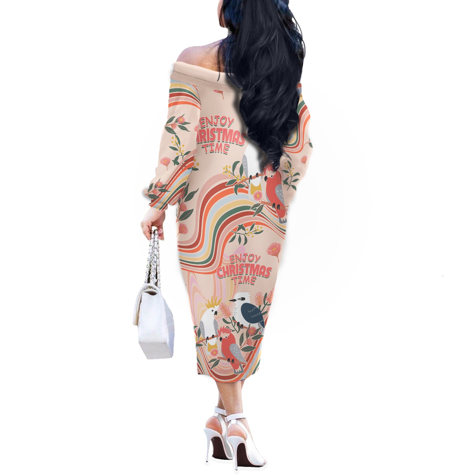 australia-hippie-christmas-off-the-shoulder-long-sleeve-dress-cockatoo-kookaburra-with-wattle-pink-peach-style