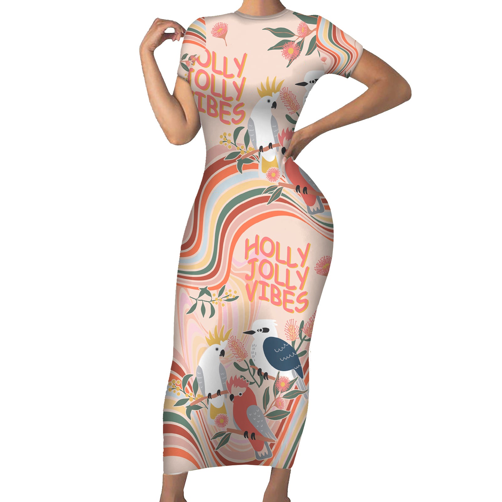 australia-hippie-christmas-short-sleeve-bodycon-dress-cockatoo-kookaburra-with-wattle-pink-peach-style