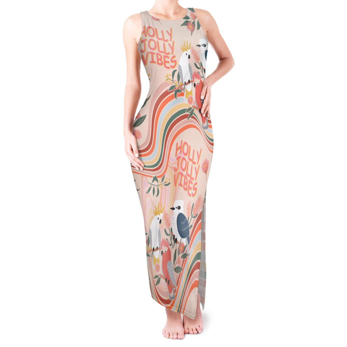 australia-hippie-christmas-tank-maxi-dress-cockatoo-kookaburra-with-wattle-pink-peach-style