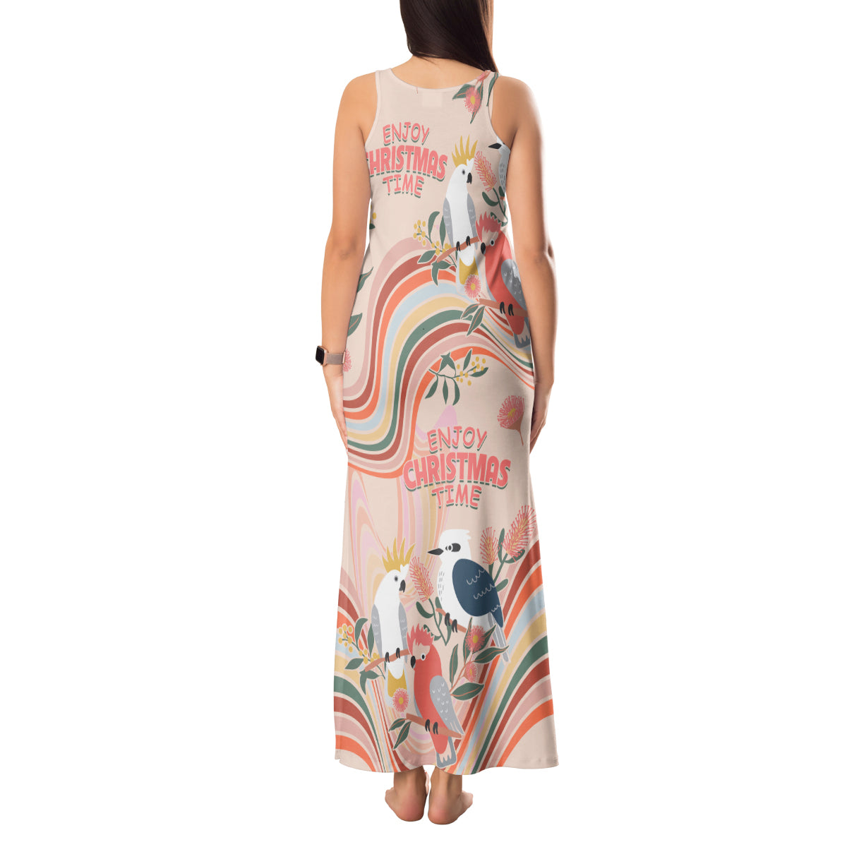 australia-hippie-christmas-tank-maxi-dress-cockatoo-kookaburra-with-wattle-pink-peach-style