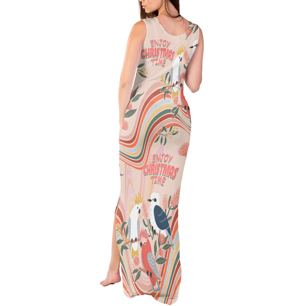 australia-hippie-christmas-tank-maxi-dress-cockatoo-kookaburra-with-wattle-pink-peach-style