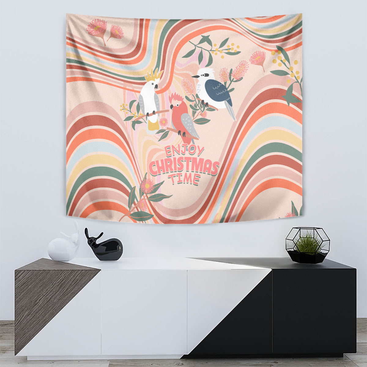 Australia Hippie Christmas Tapestry Cockatoo Kookaburra with Wattle Pink Peach Style - Vibe Hoodie Shop