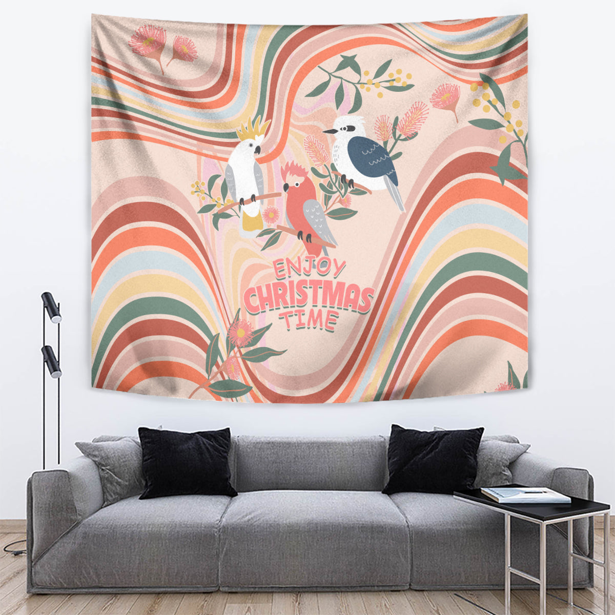 Australia Hippie Christmas Tapestry Cockatoo Kookaburra with Wattle Pink Peach Style - Vibe Hoodie Shop