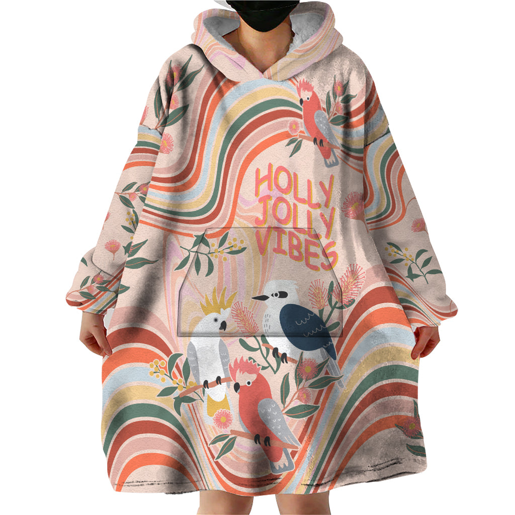 Australia Hippie Christmas Wearable Blanket Hoodie Cockatoo Kookaburra with Wattle Pink Peach Style - Vibe Hoodie Shop