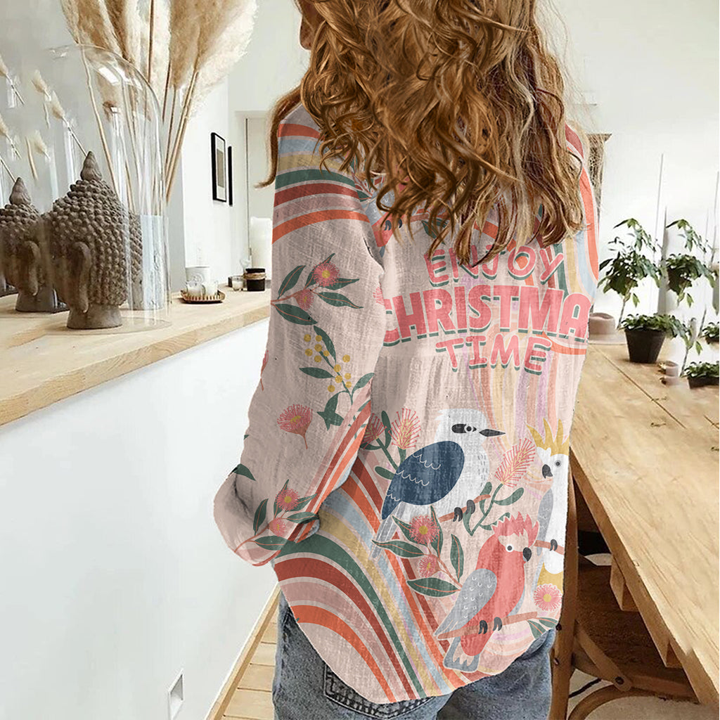 Australia Hippie Christmas Women Casual Shirt Cockatoo Kookaburra with Wattle Pink Peach Style - Vibe Hoodie Shop