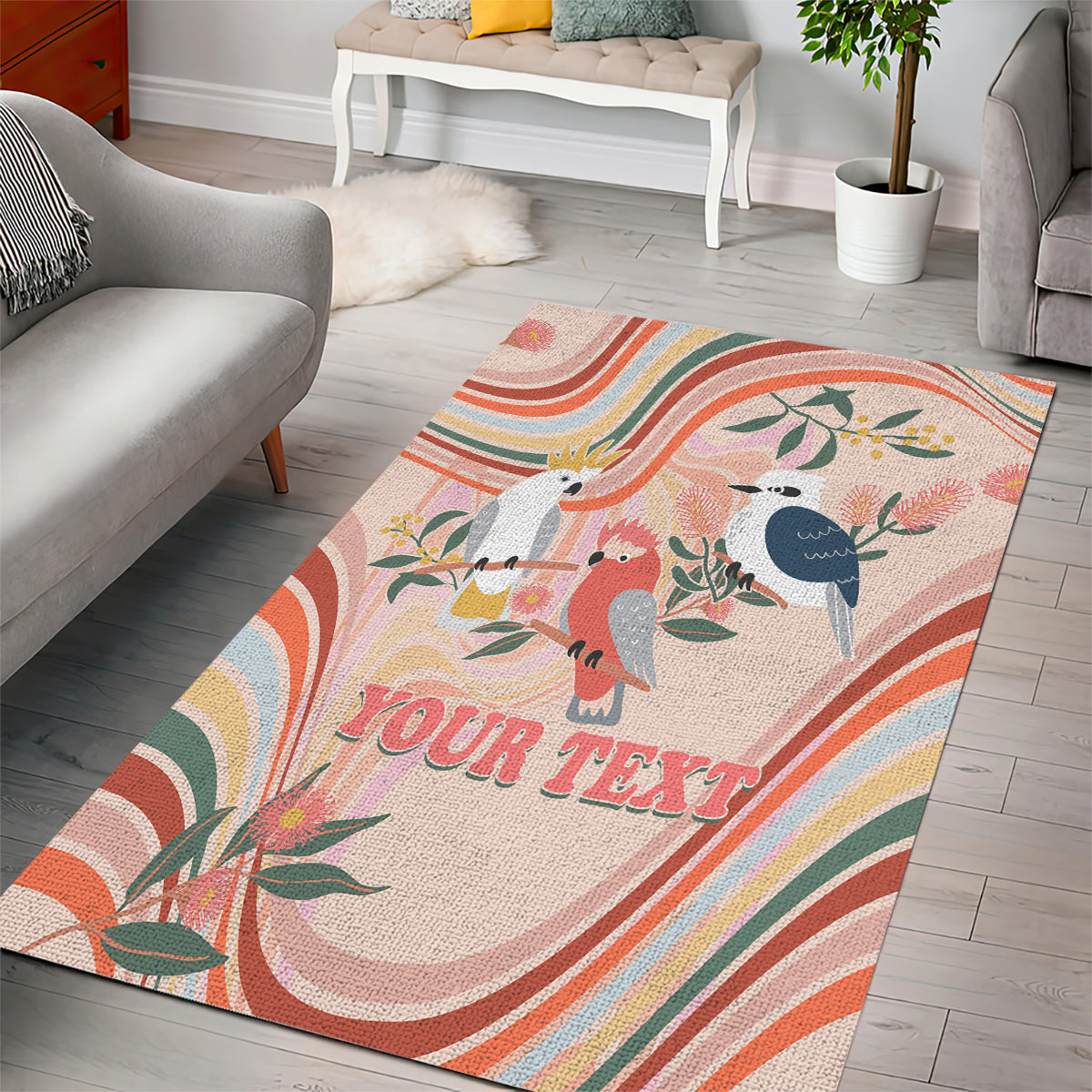 Personalised Australia Hippie Christmas Area Rug Cockatoo Kookaburra with Wattle Pink Peach Style - Vibe Hoodie Shop