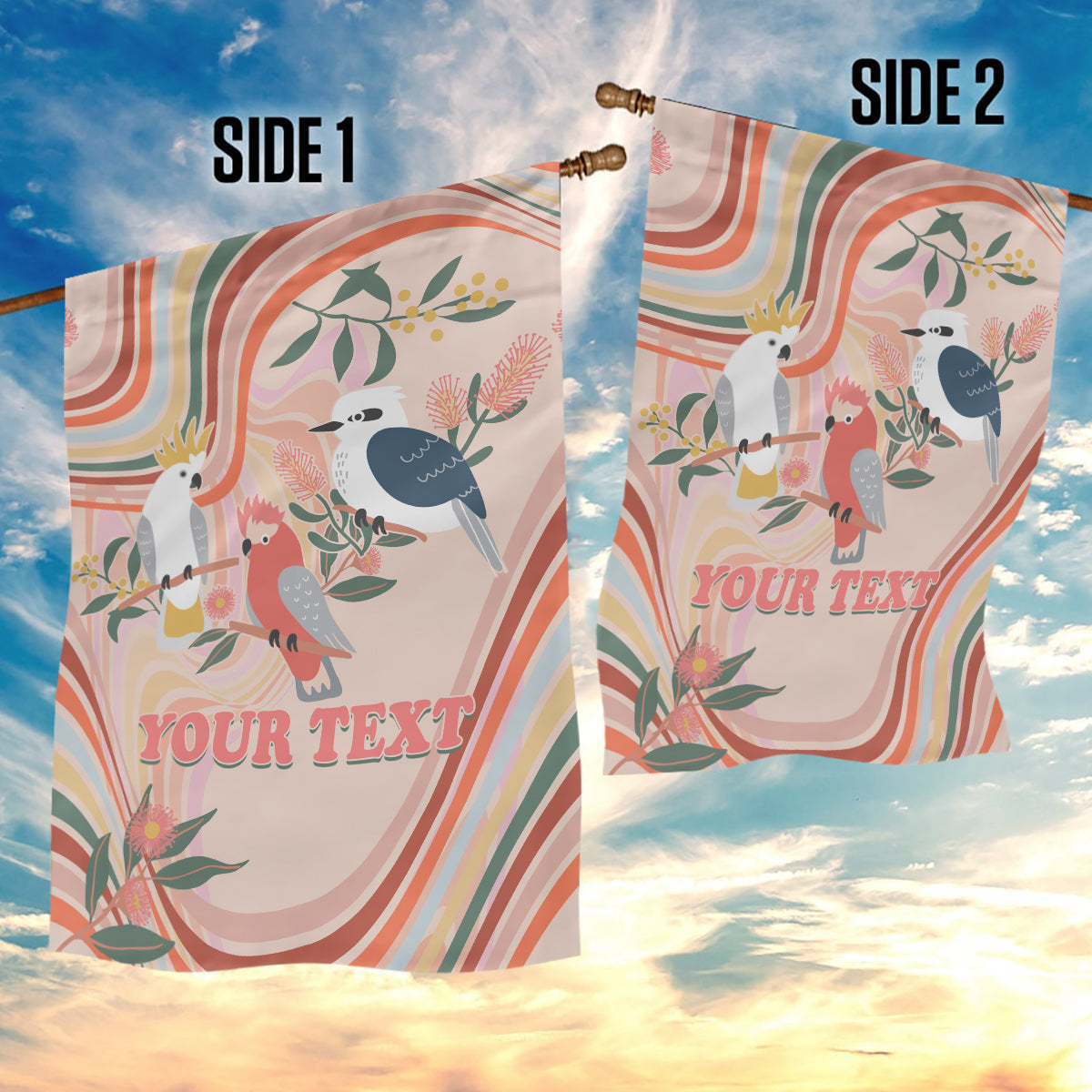 Personalised Australia Hippie Christmas Garden Flag Cockatoo Kookaburra with Wattle Pink Peach Style - Vibe Hoodie Shop