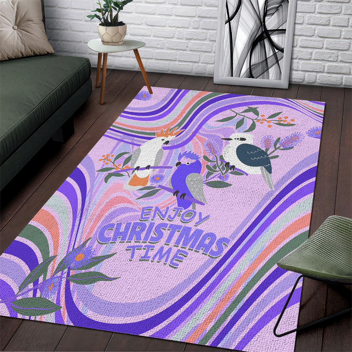 Australia Hippie Christmas Area Rug Cockatoo Kookaburra with Wattle Violet Pastel Color - Vibe Hoodie Shop