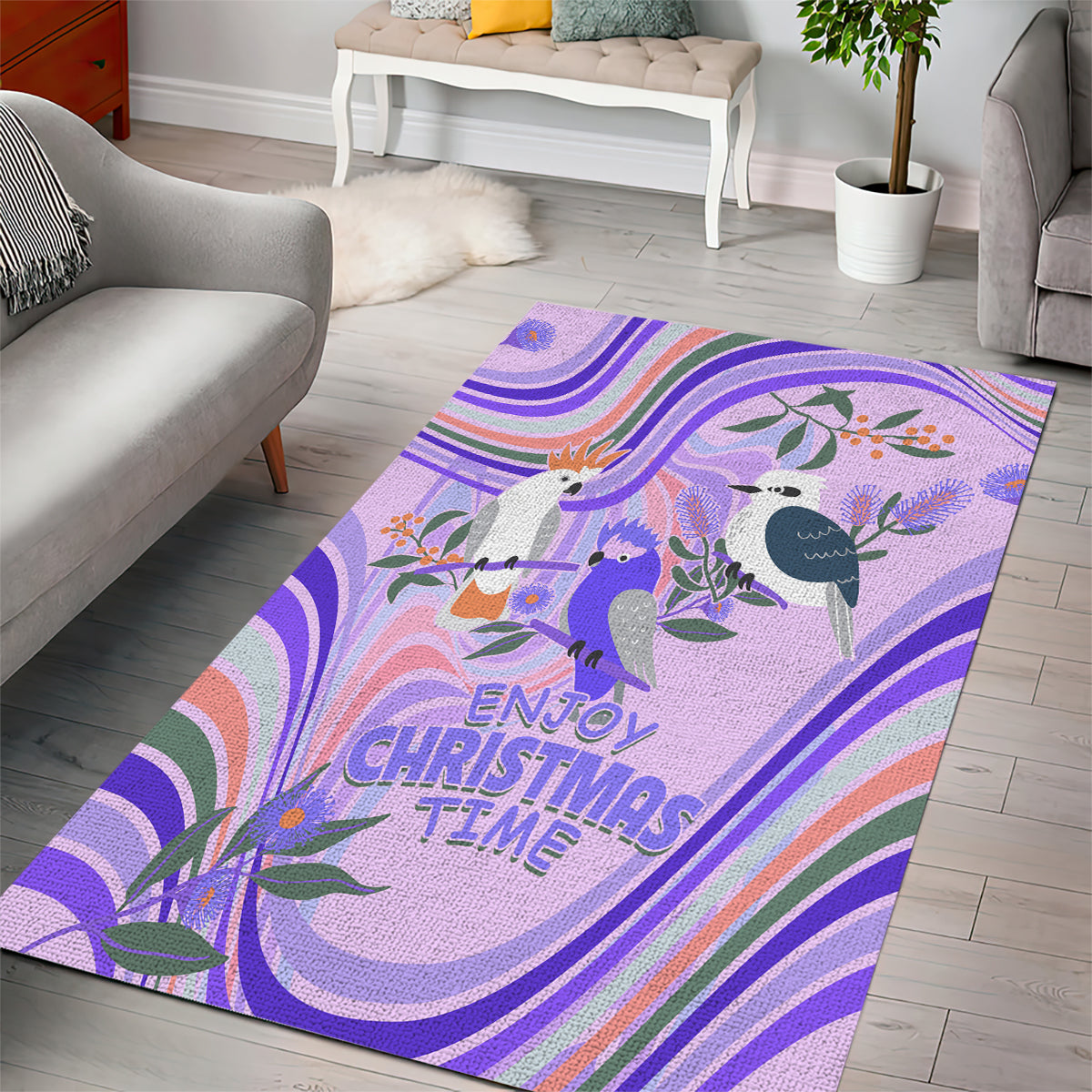 Australia Hippie Christmas Area Rug Cockatoo Kookaburra with Wattle Violet Pastel Color - Vibe Hoodie Shop