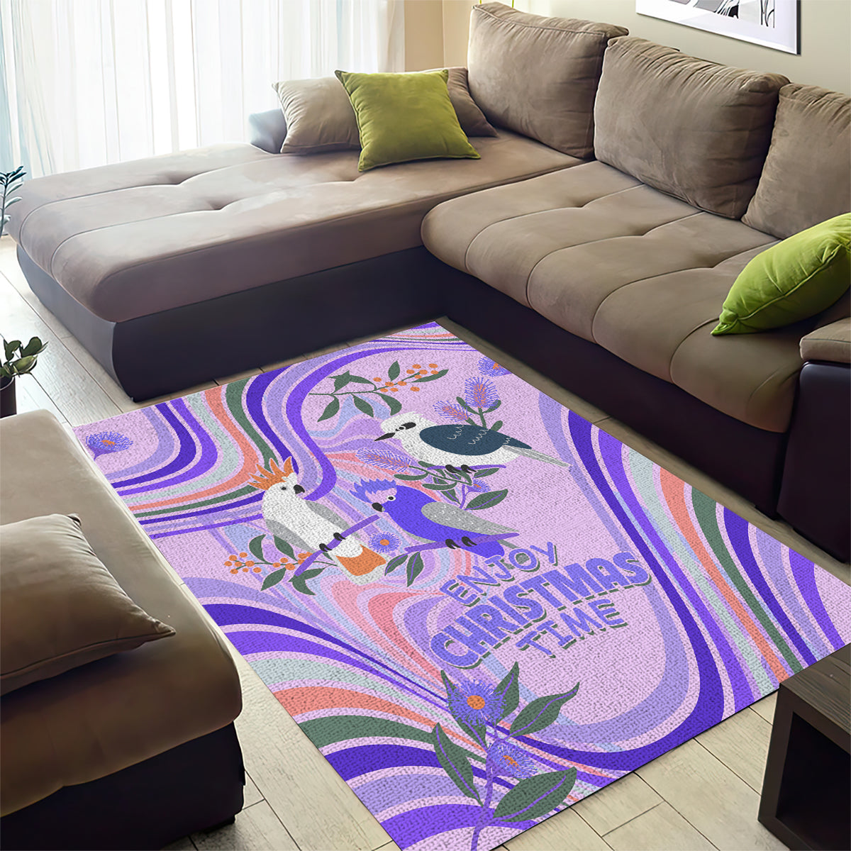 Australia Hippie Christmas Area Rug Cockatoo Kookaburra with Wattle Violet Pastel Color - Vibe Hoodie Shop