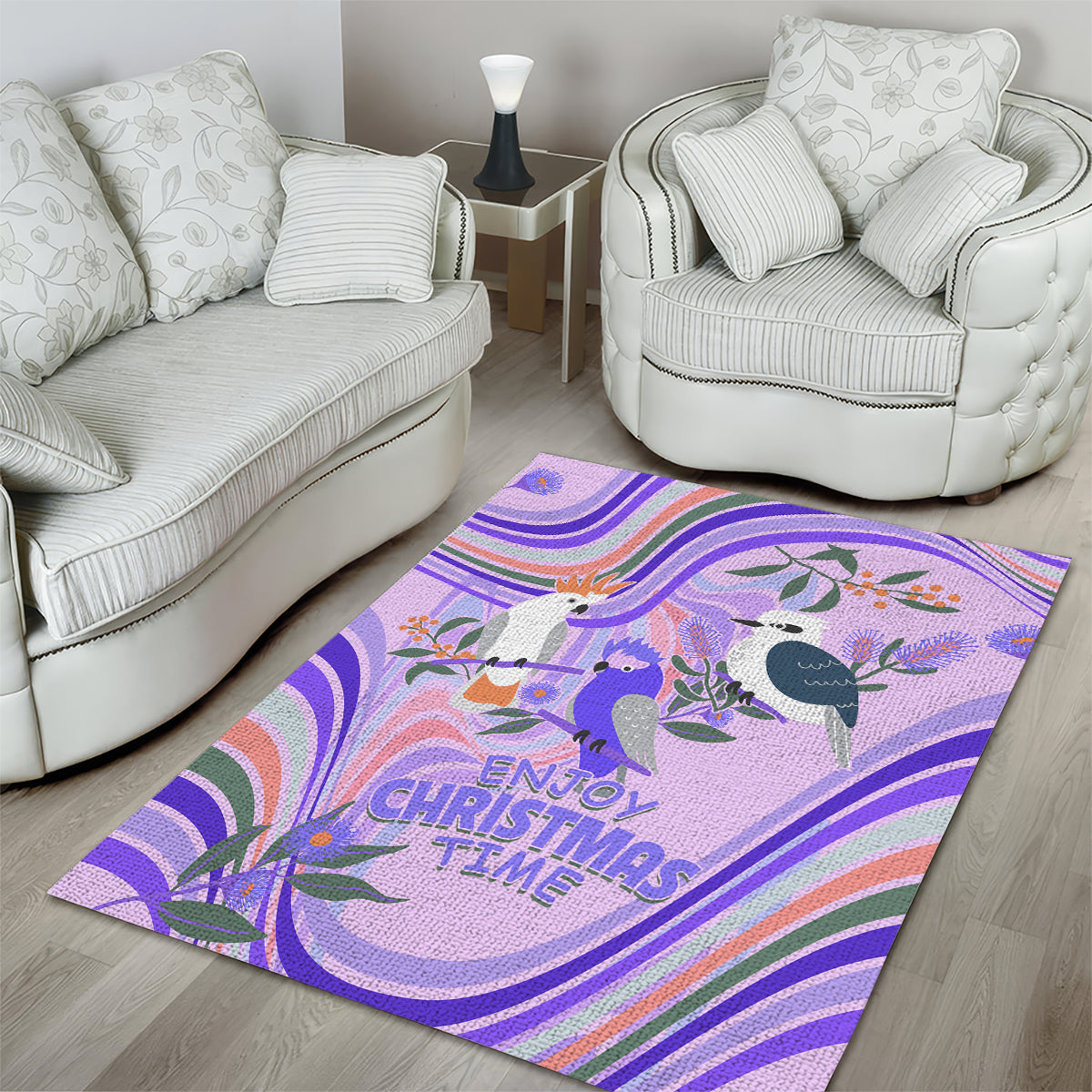 Australia Hippie Christmas Area Rug Cockatoo Kookaburra with Wattle Violet Pastel Color - Vibe Hoodie Shop