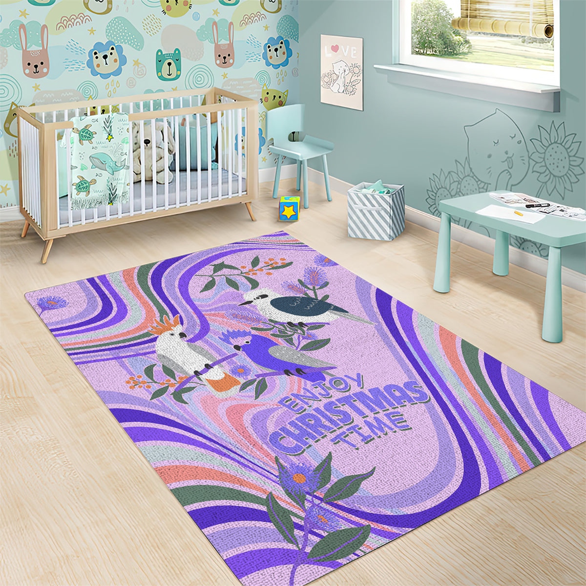 Australia Hippie Christmas Area Rug Cockatoo Kookaburra with Wattle Violet Pastel Color - Vibe Hoodie Shop