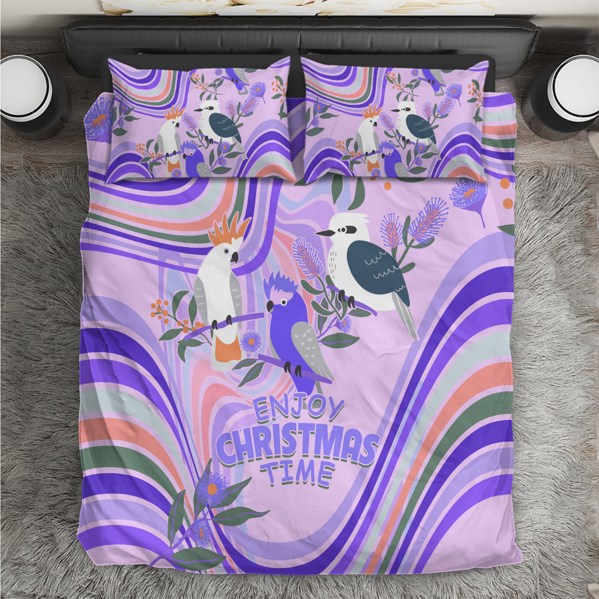 Australia Hippie Christmas Bedding Set Cockatoo Kookaburra with Wattle Violet Pastel Color - Vibe Hoodie Shop