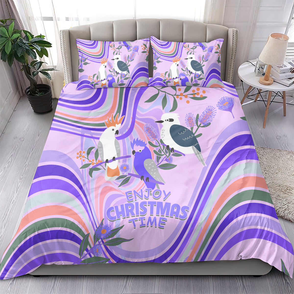 Australia Hippie Christmas Bedding Set Cockatoo Kookaburra with Wattle Violet Pastel Color - Vibe Hoodie Shop