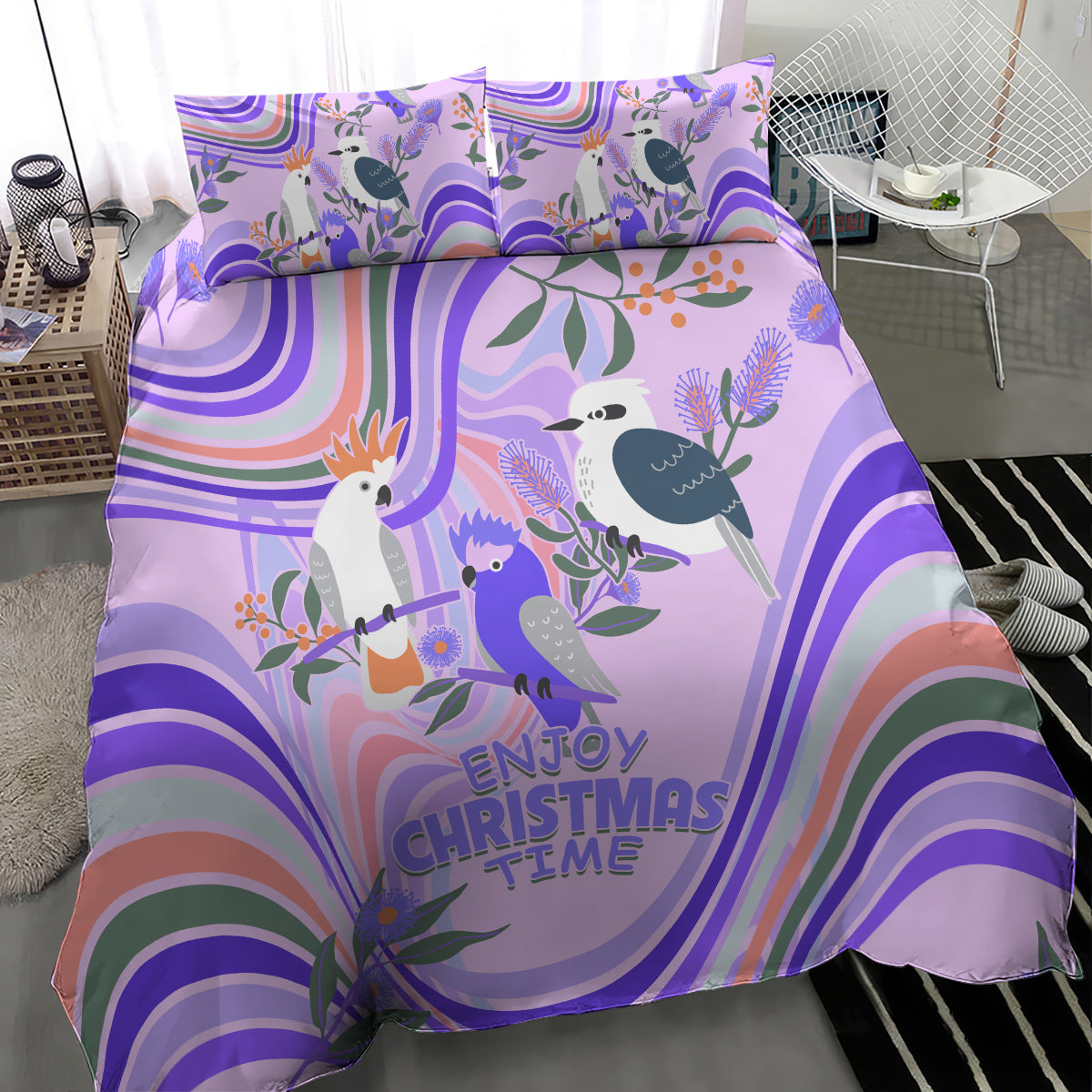 Australia Hippie Christmas Bedding Set Cockatoo Kookaburra with Wattle Violet Pastel Color - Vibe Hoodie Shop