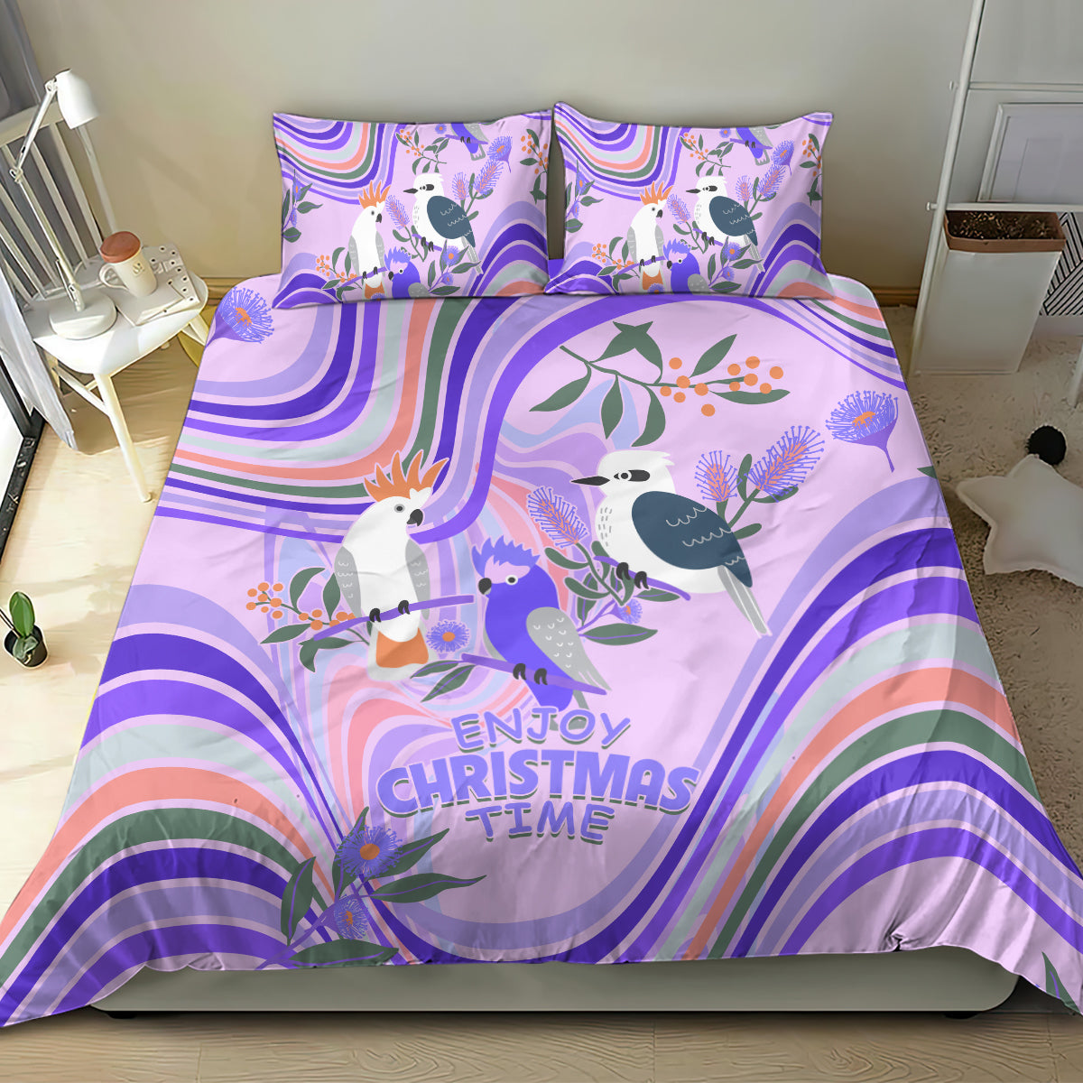 Australia Hippie Christmas Bedding Set Cockatoo Kookaburra with Wattle Violet Pastel Color - Vibe Hoodie Shop