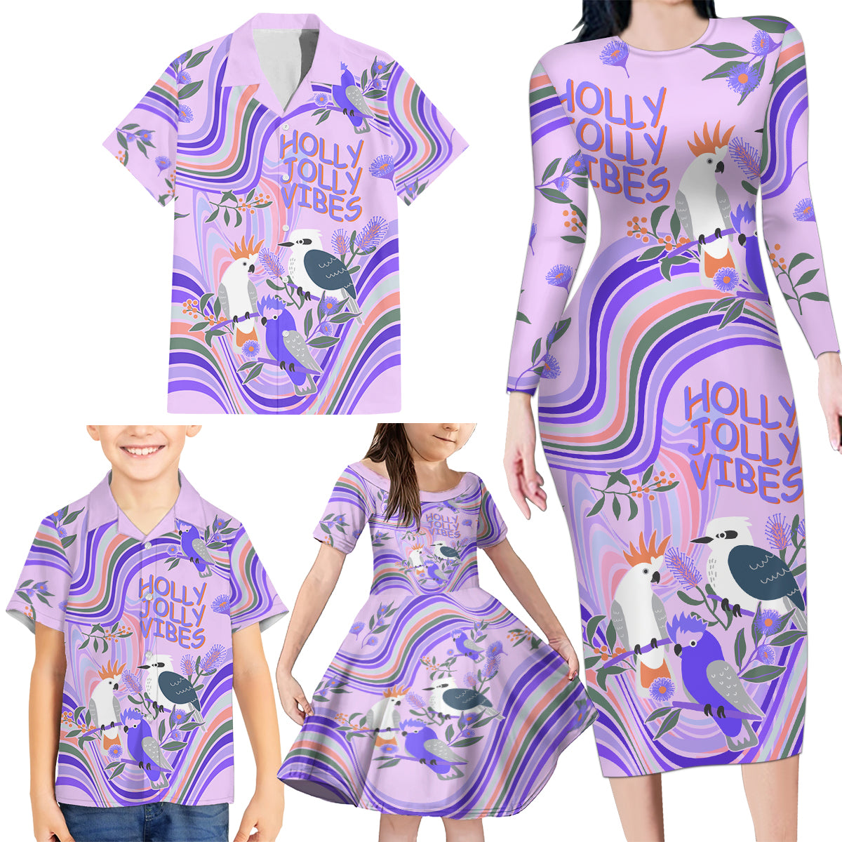 australia-hippie-christmas-family-matching-long-sleeve-bodycon-dress-and-hawaiian-shirt-cockatoo-kookaburra-with-wattle-violet-pastel-color