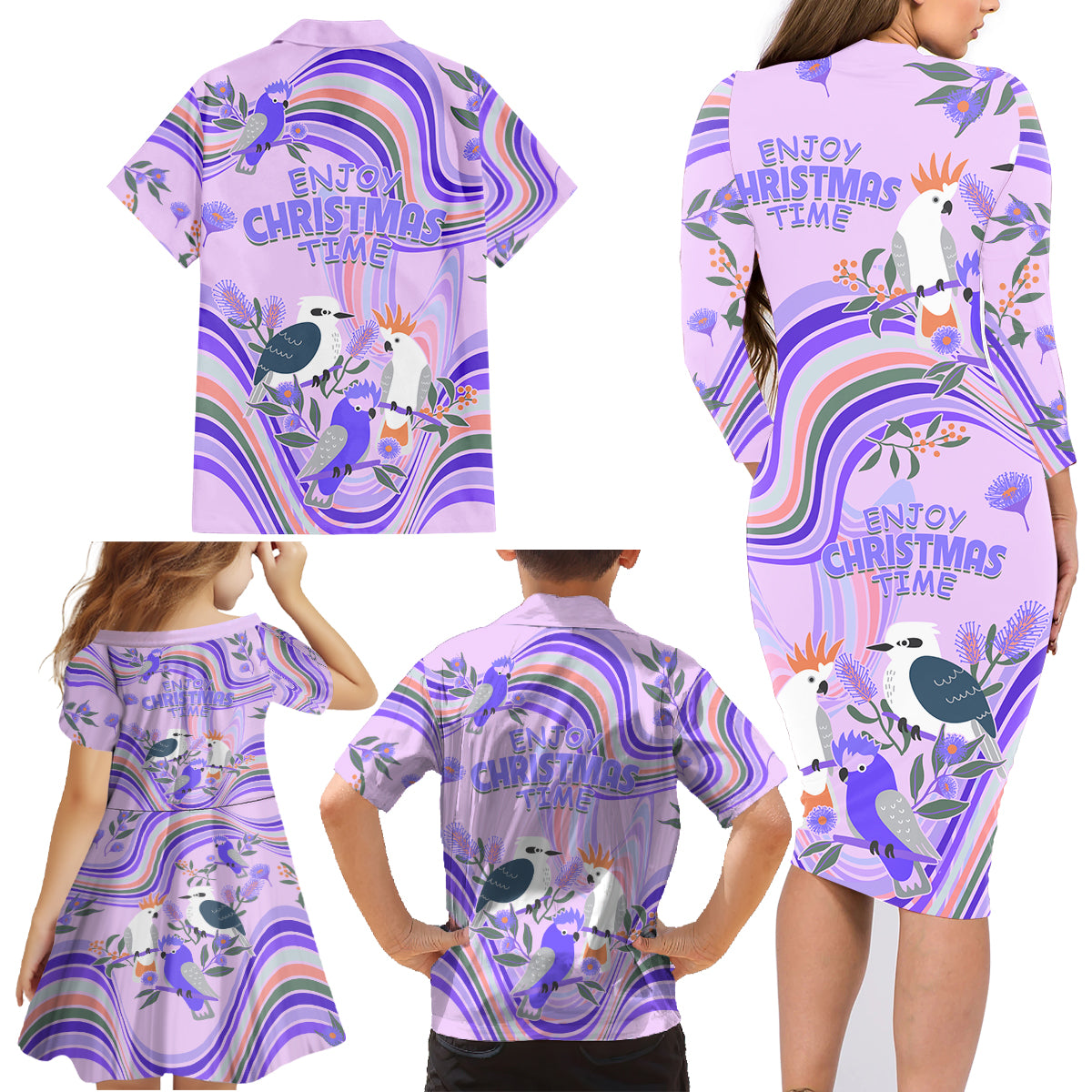 australia-hippie-christmas-family-matching-long-sleeve-bodycon-dress-and-hawaiian-shirt-cockatoo-kookaburra-with-wattle-violet-pastel-color