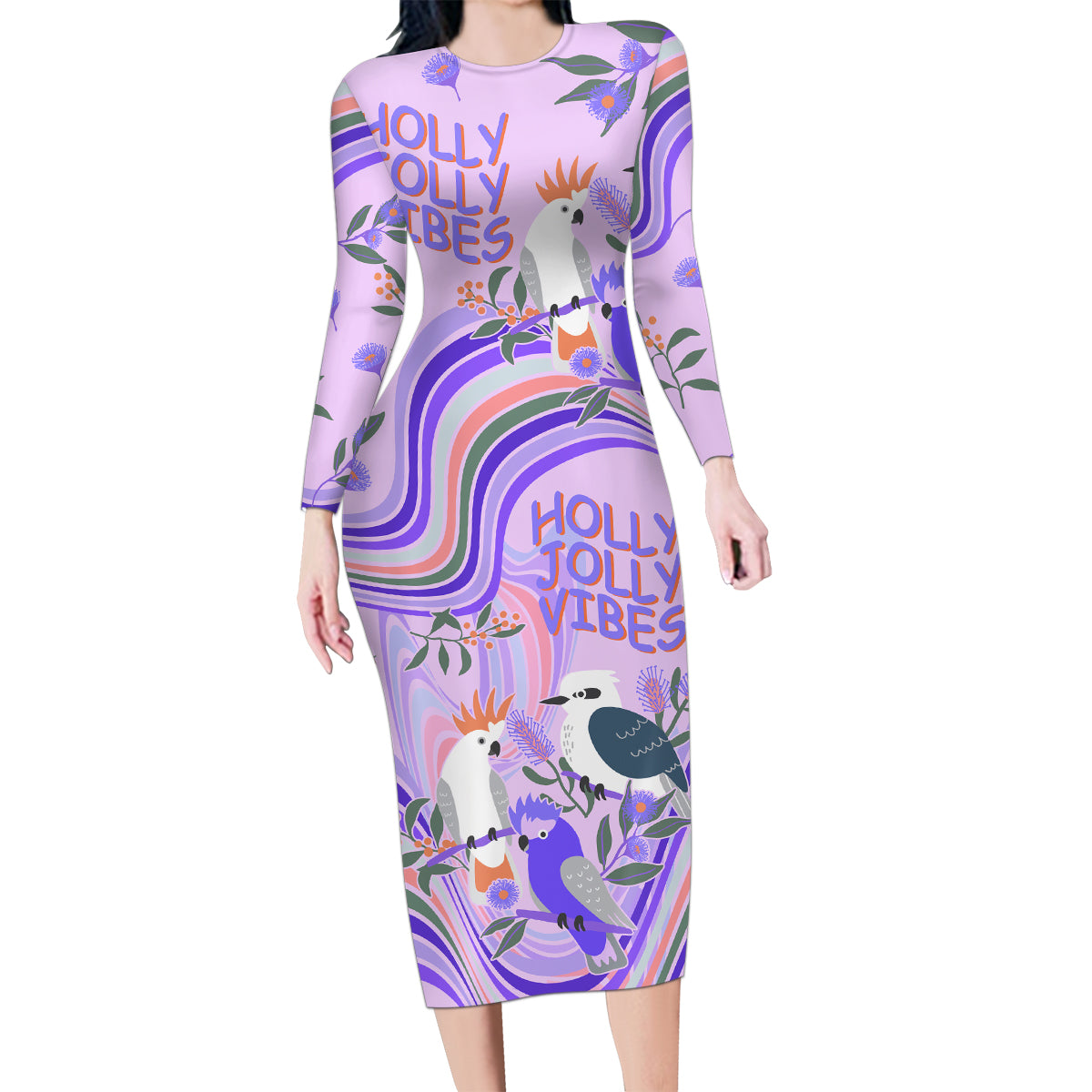 australia-hippie-christmas-family-matching-long-sleeve-bodycon-dress-and-hawaiian-shirt-cockatoo-kookaburra-with-wattle-violet-pastel-color