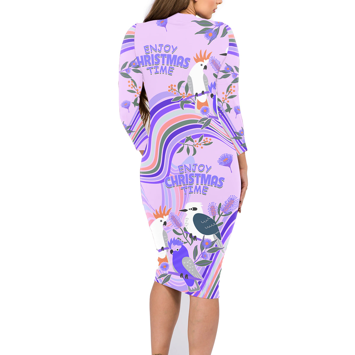 australia-hippie-christmas-family-matching-long-sleeve-bodycon-dress-and-hawaiian-shirt-cockatoo-kookaburra-with-wattle-violet-pastel-color