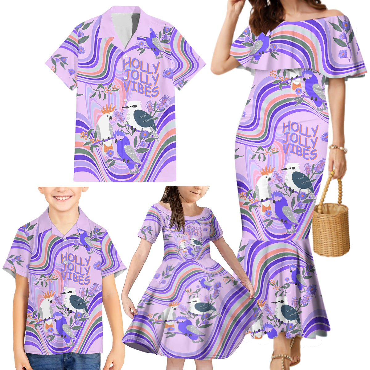 australia-hippie-christmas-family-matching-mermaid-dress-and-hawaiian-shirt-cockatoo-kookaburra-with-wattle-violet-pastel-color