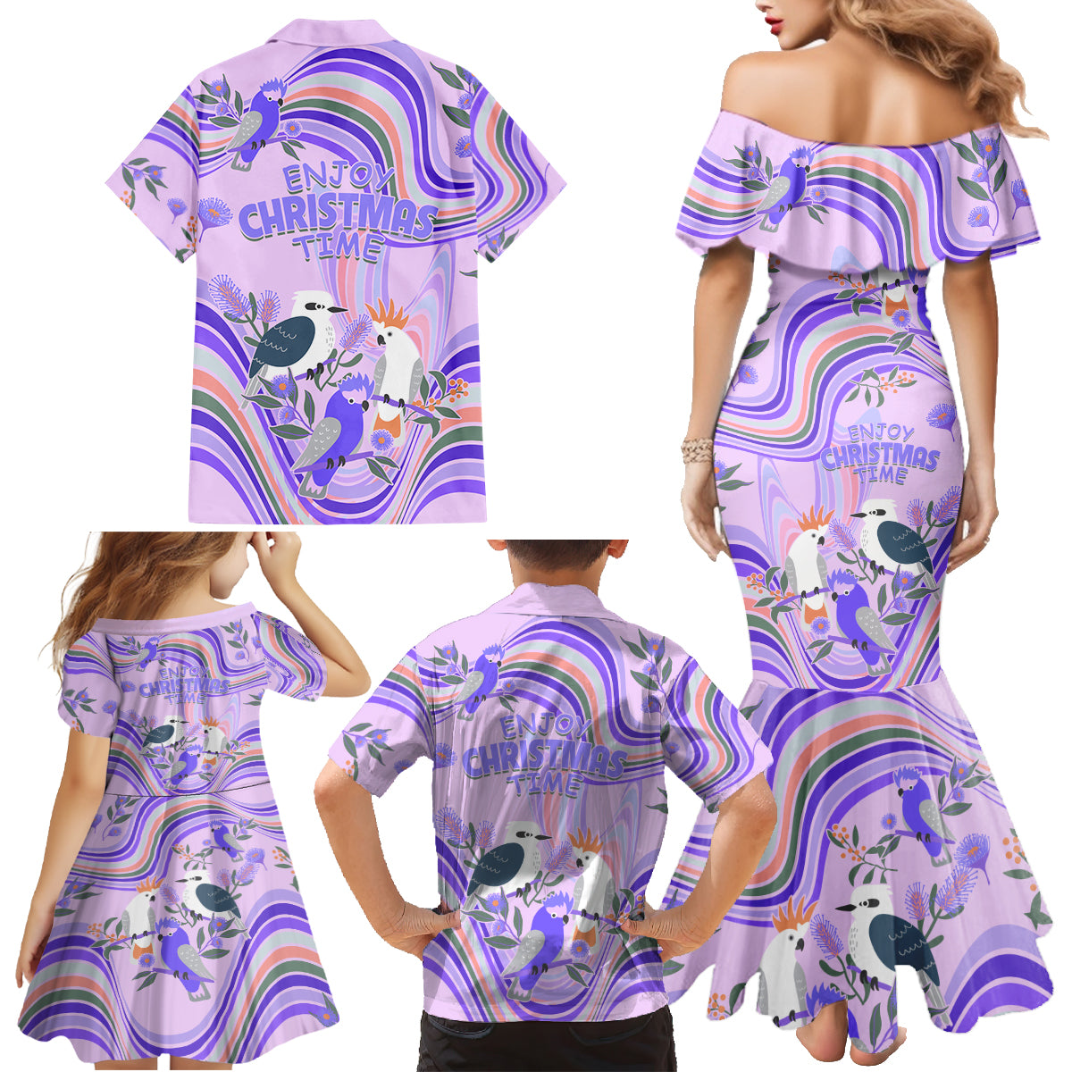 australia-hippie-christmas-family-matching-mermaid-dress-and-hawaiian-shirt-cockatoo-kookaburra-with-wattle-violet-pastel-color