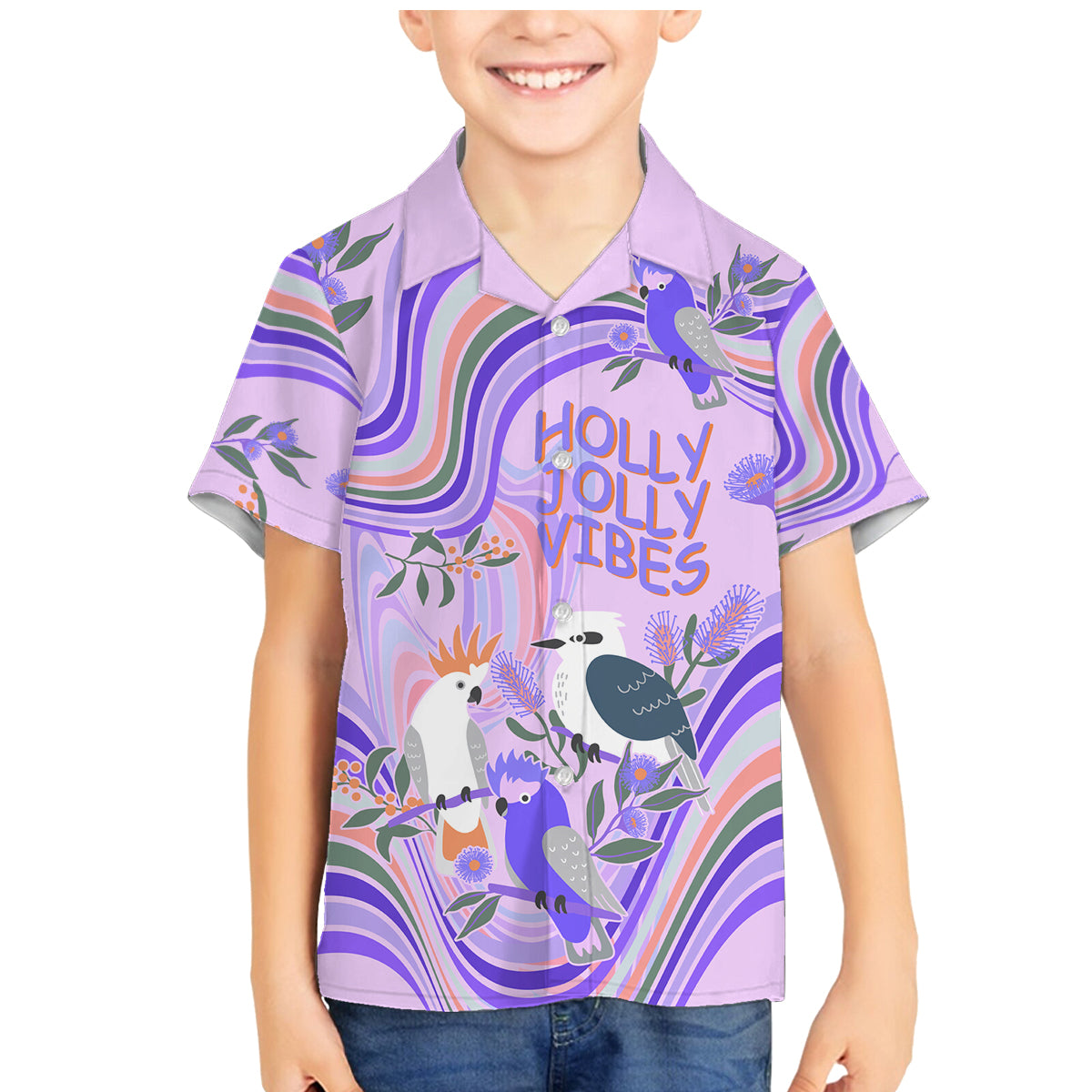 australia-hippie-christmas-family-matching-mermaid-dress-and-hawaiian-shirt-cockatoo-kookaburra-with-wattle-violet-pastel-color