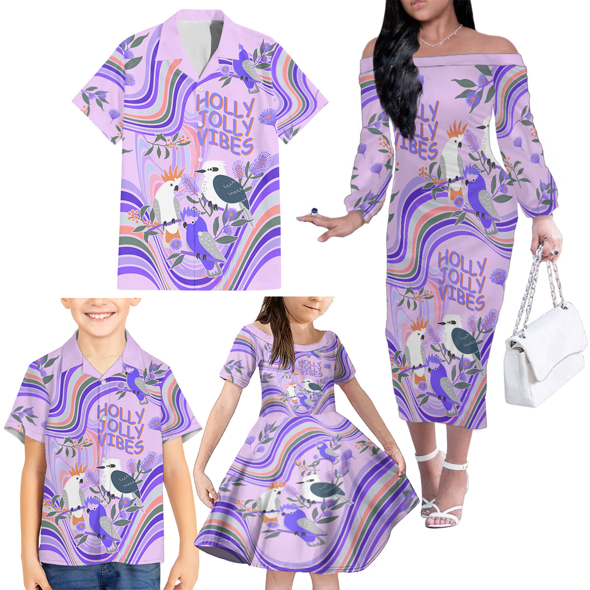 australia-hippie-christmas-family-matching-off-shoulder-long-sleeve-dress-and-hawaiian-shirt-cockatoo-kookaburra-with-wattle-violet-pastel-color