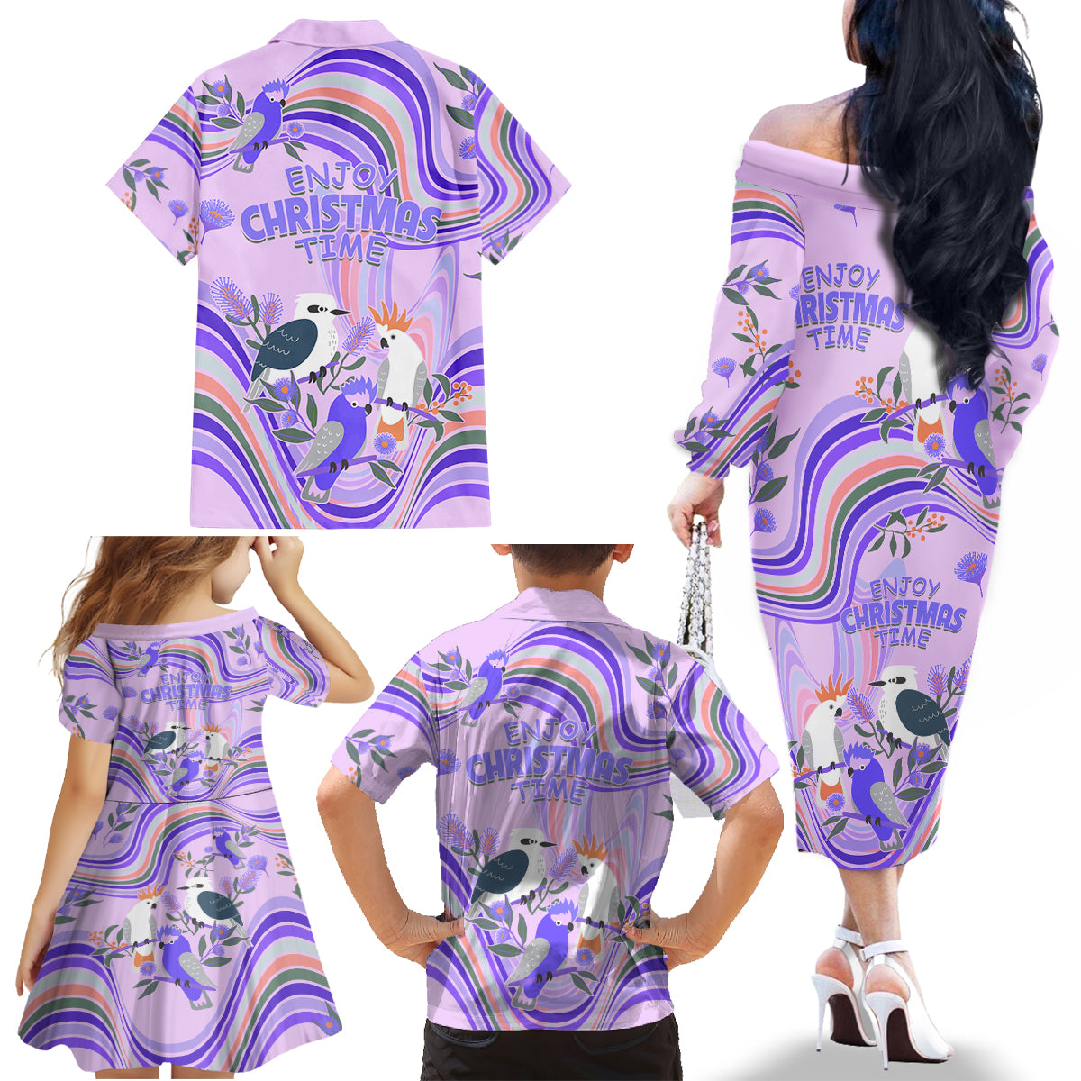 australia-hippie-christmas-family-matching-off-shoulder-long-sleeve-dress-and-hawaiian-shirt-cockatoo-kookaburra-with-wattle-violet-pastel-color