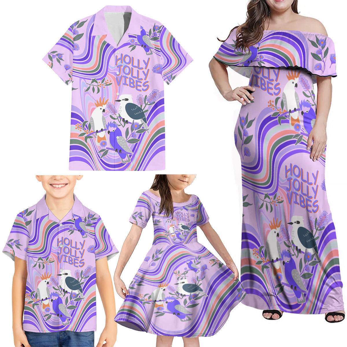 australia-hippie-christmas-family-matching-off-shoulder-maxi-dress-and-hawaiian-shirt-cockatoo-kookaburra-with-wattle-violet-pastel-color