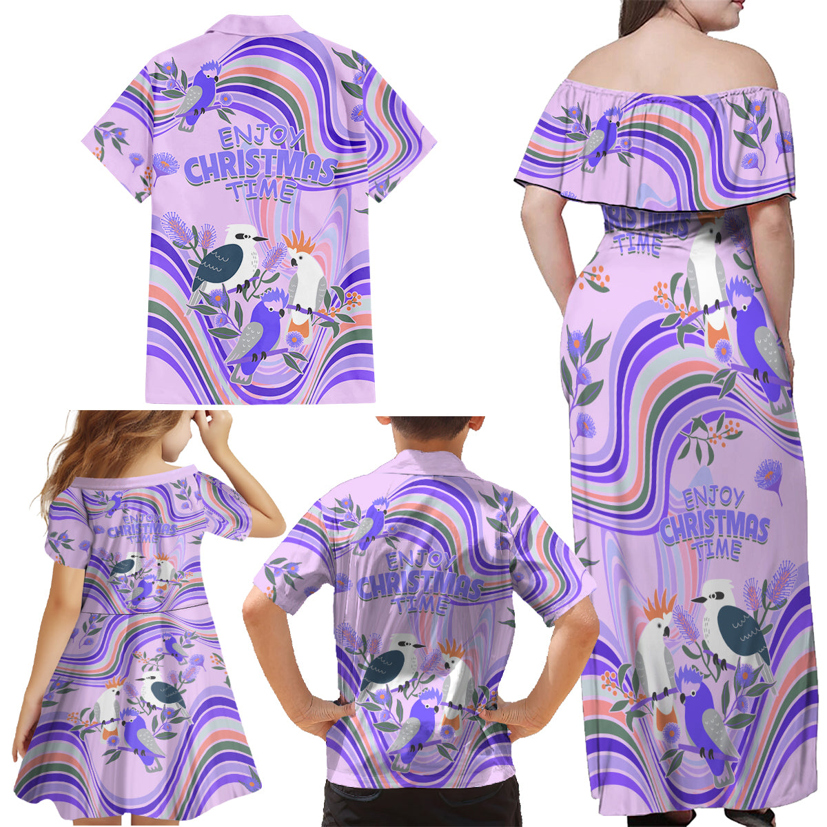 australia-hippie-christmas-family-matching-off-shoulder-maxi-dress-and-hawaiian-shirt-cockatoo-kookaburra-with-wattle-violet-pastel-color