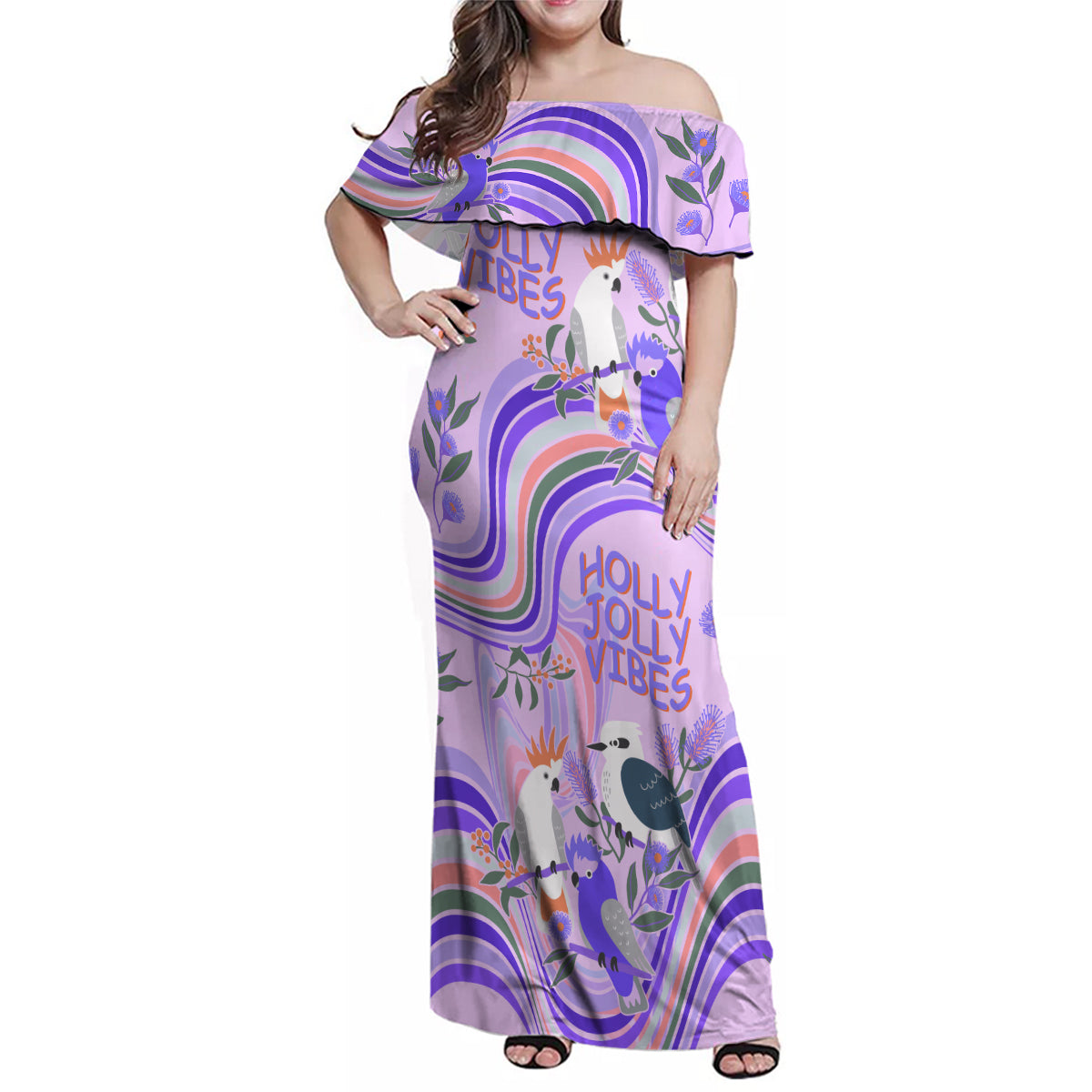 australia-hippie-christmas-family-matching-off-shoulder-maxi-dress-and-hawaiian-shirt-cockatoo-kookaburra-with-wattle-violet-pastel-color