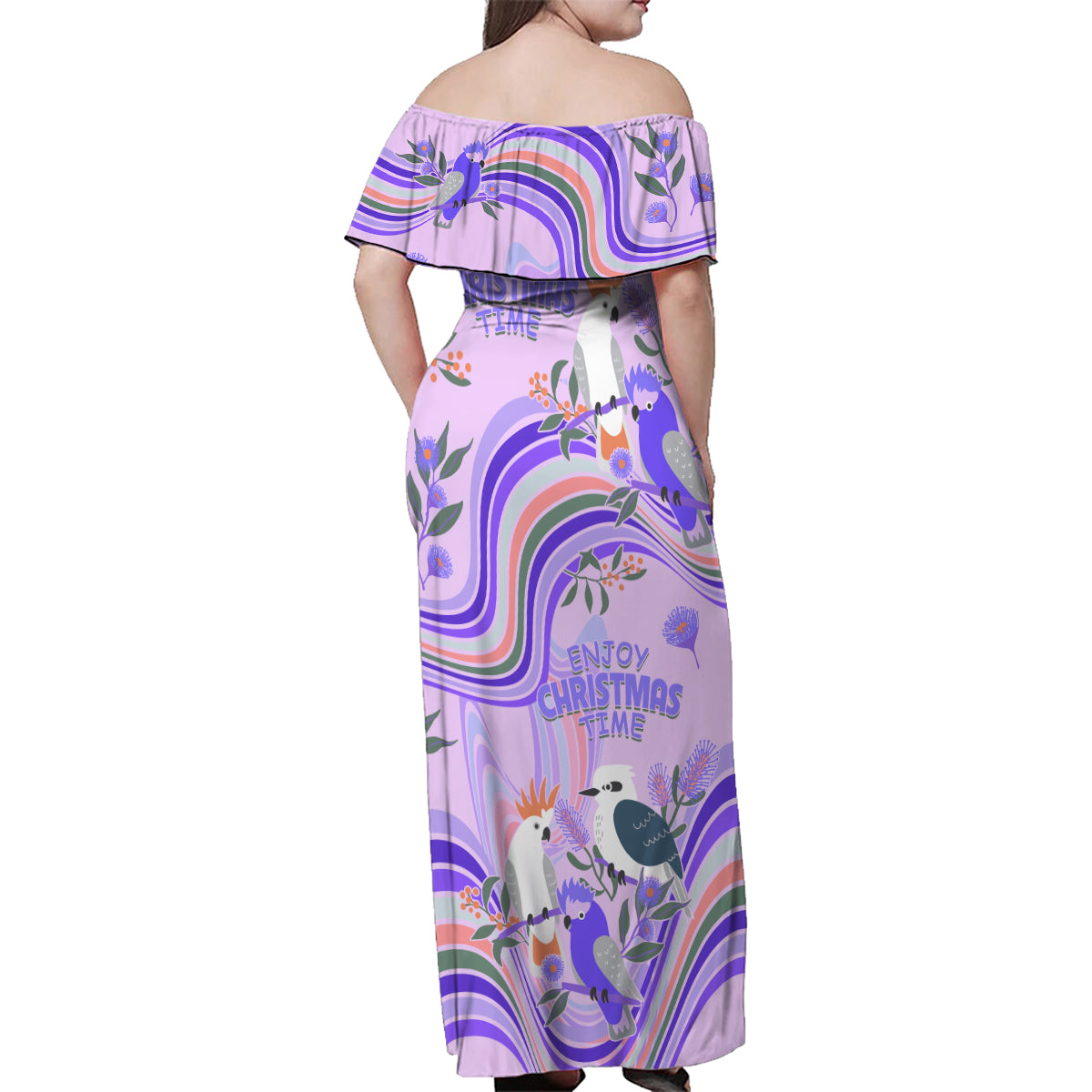 australia-hippie-christmas-family-matching-off-shoulder-maxi-dress-and-hawaiian-shirt-cockatoo-kookaburra-with-wattle-violet-pastel-color