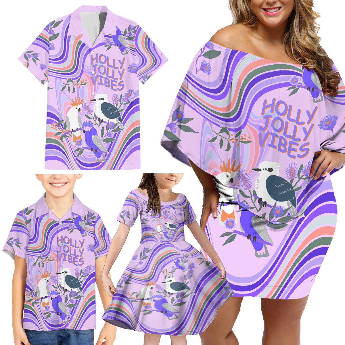 australia-hippie-christmas-family-matching-off-shoulder-short-dress-and-hawaiian-shirt-cockatoo-kookaburra-with-wattle-violet-pastel-color