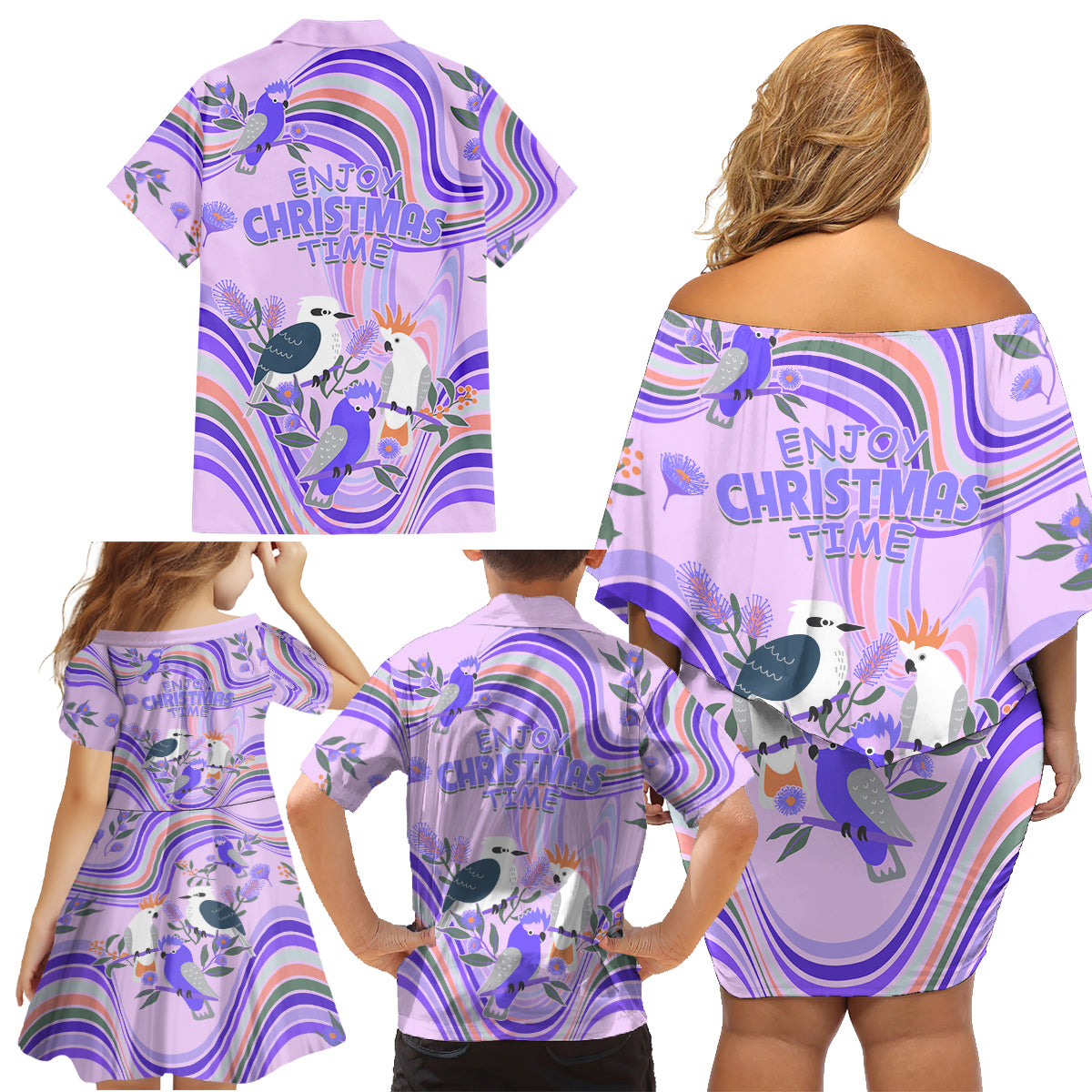 australia-hippie-christmas-family-matching-off-shoulder-short-dress-and-hawaiian-shirt-cockatoo-kookaburra-with-wattle-violet-pastel-color