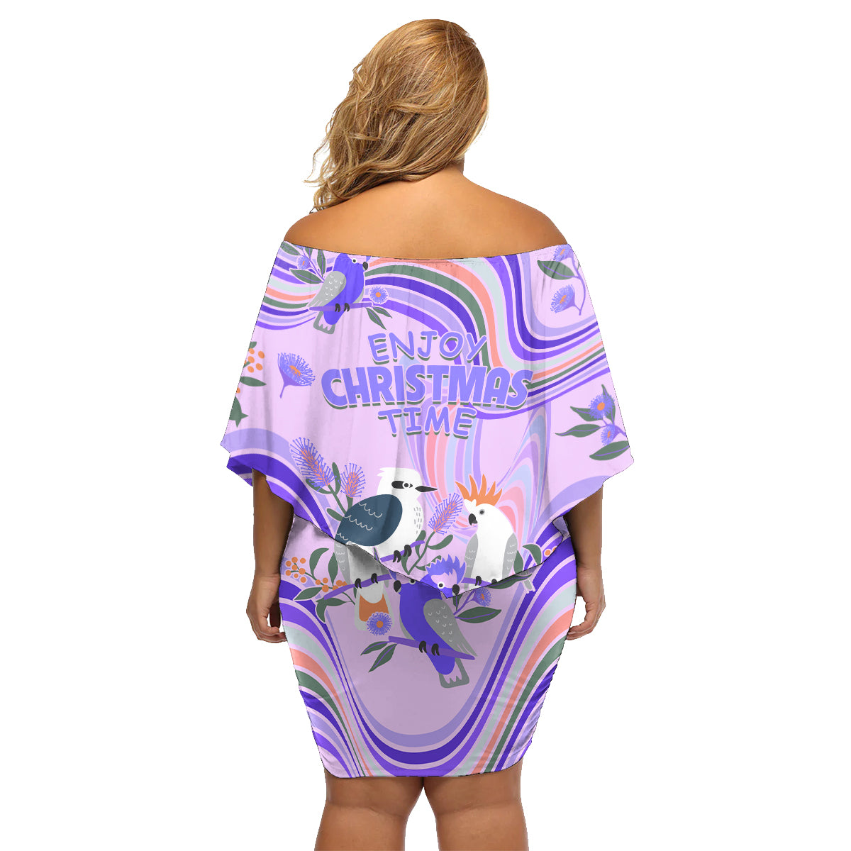 australia-hippie-christmas-family-matching-off-shoulder-short-dress-and-hawaiian-shirt-cockatoo-kookaburra-with-wattle-violet-pastel-color